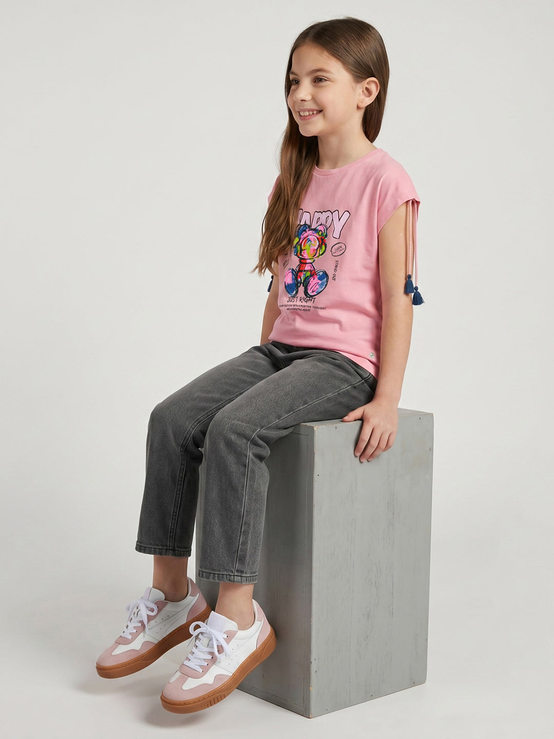 Girls Peach Printed Round Neck Half Sleeve Top