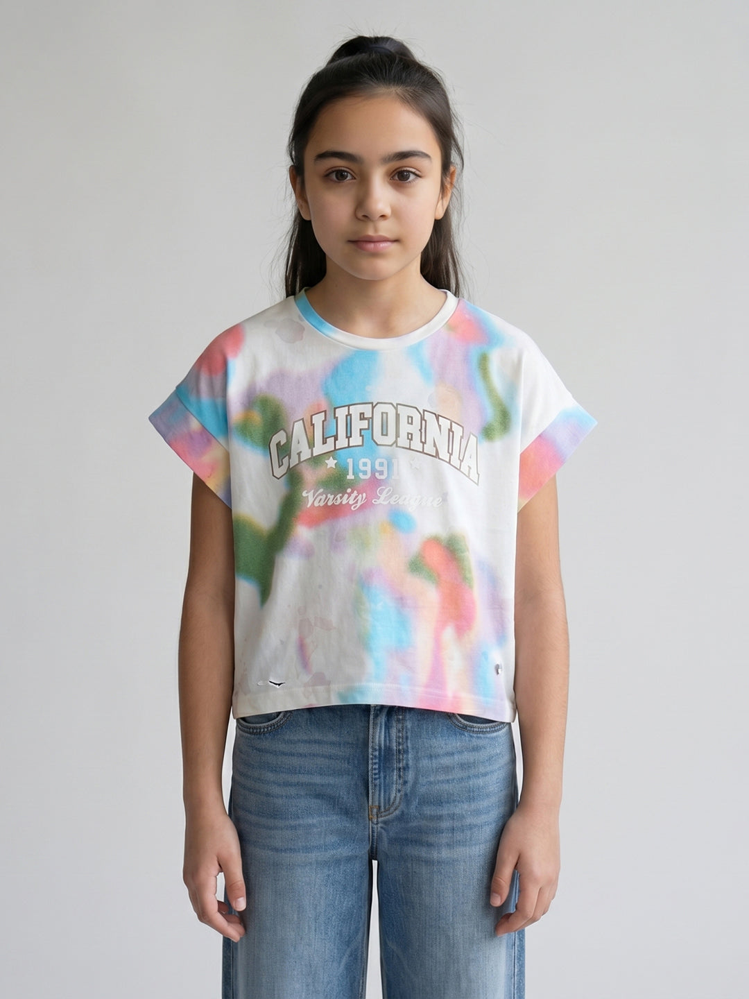 Girls White Printed Round Neck Half Sleeve Top
