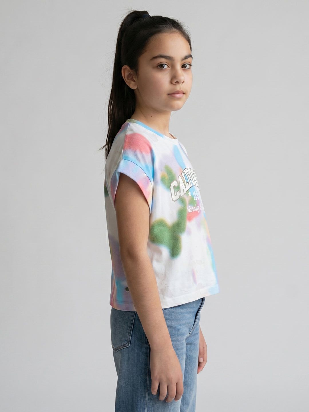 Girls White Printed Round Neck Half Sleeve Top