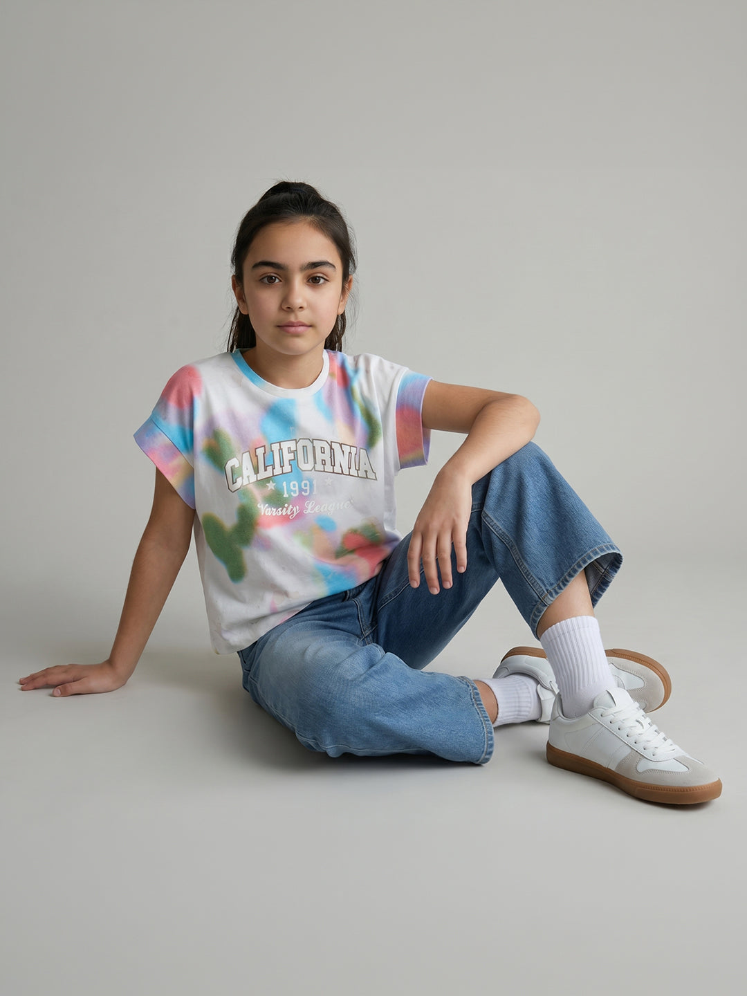Girls White Printed Round Neck Half Sleeve Top