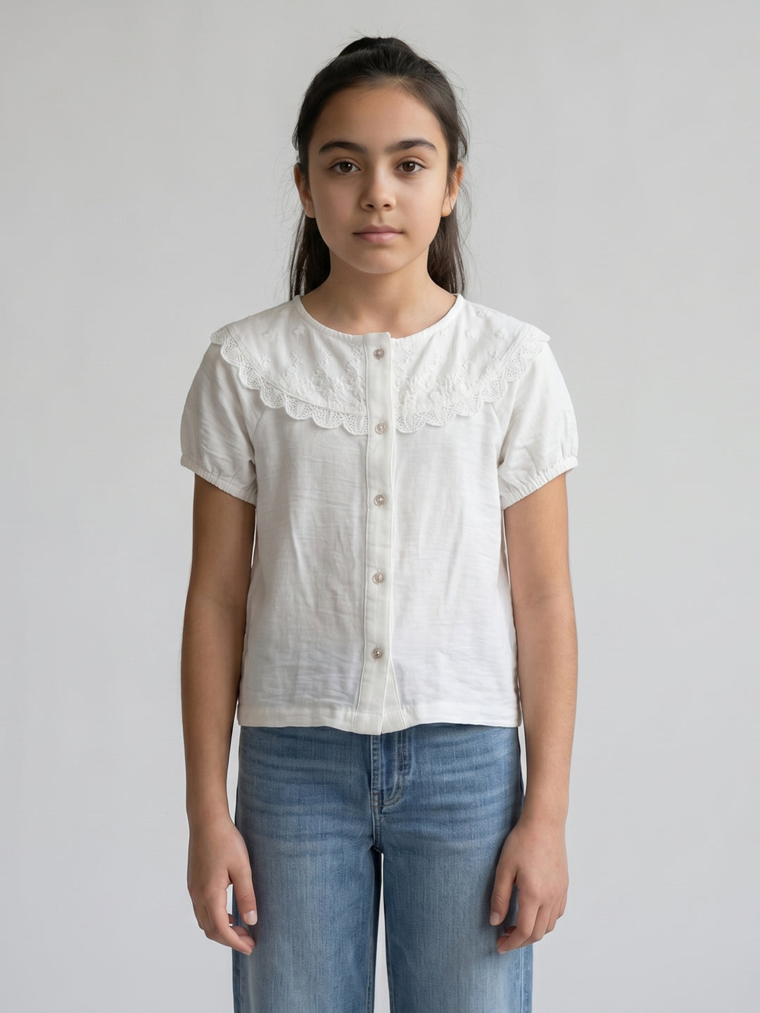 Girls White Embroidered V Neck Half Sleeve Top