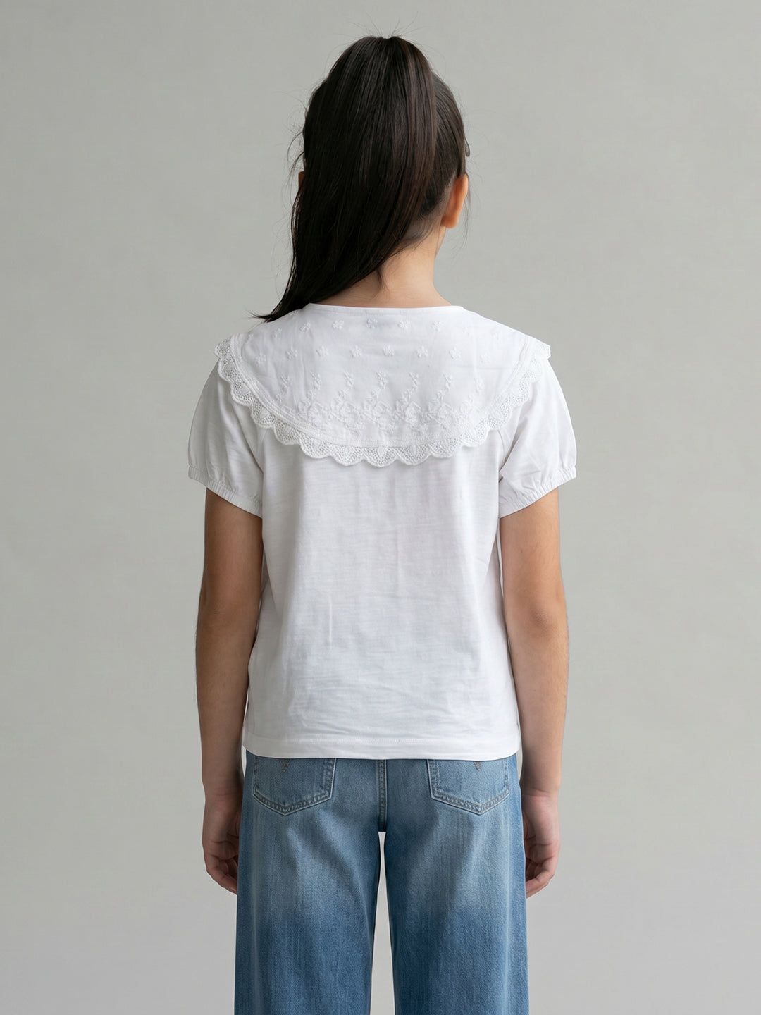 Girls White Embroidered V Neck Half Sleeve Top