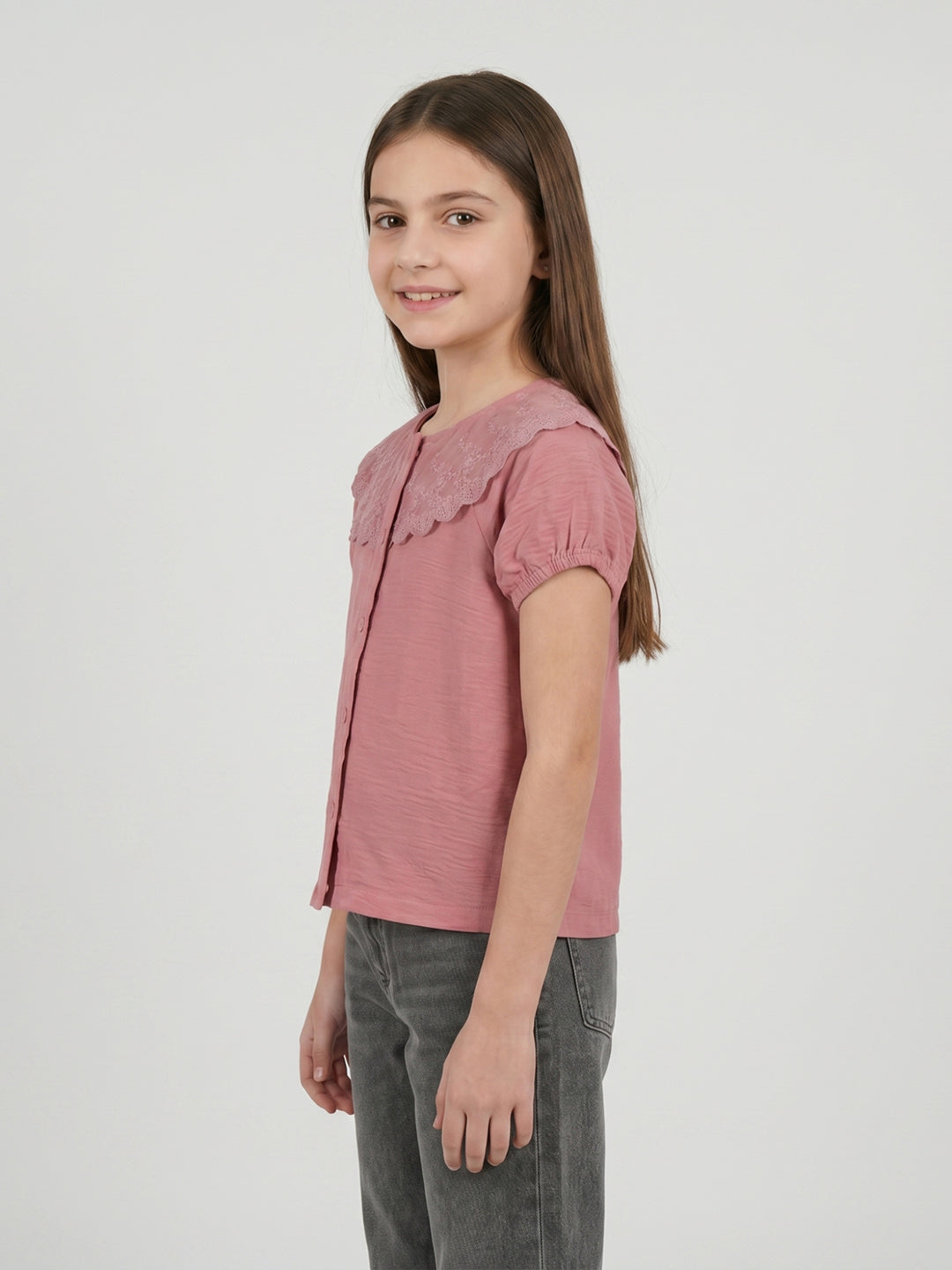 Girls Peach Embroidered Henley Neck Half Sleeve Top