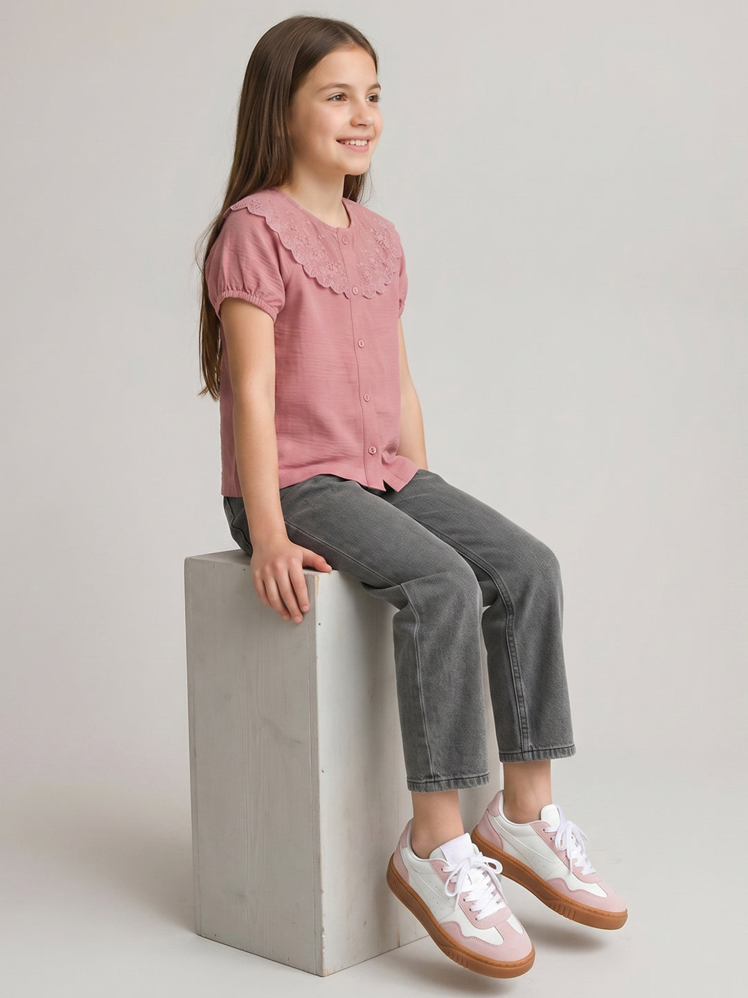 Girls Peach Embroidered Henley Neck Half Sleeve Top