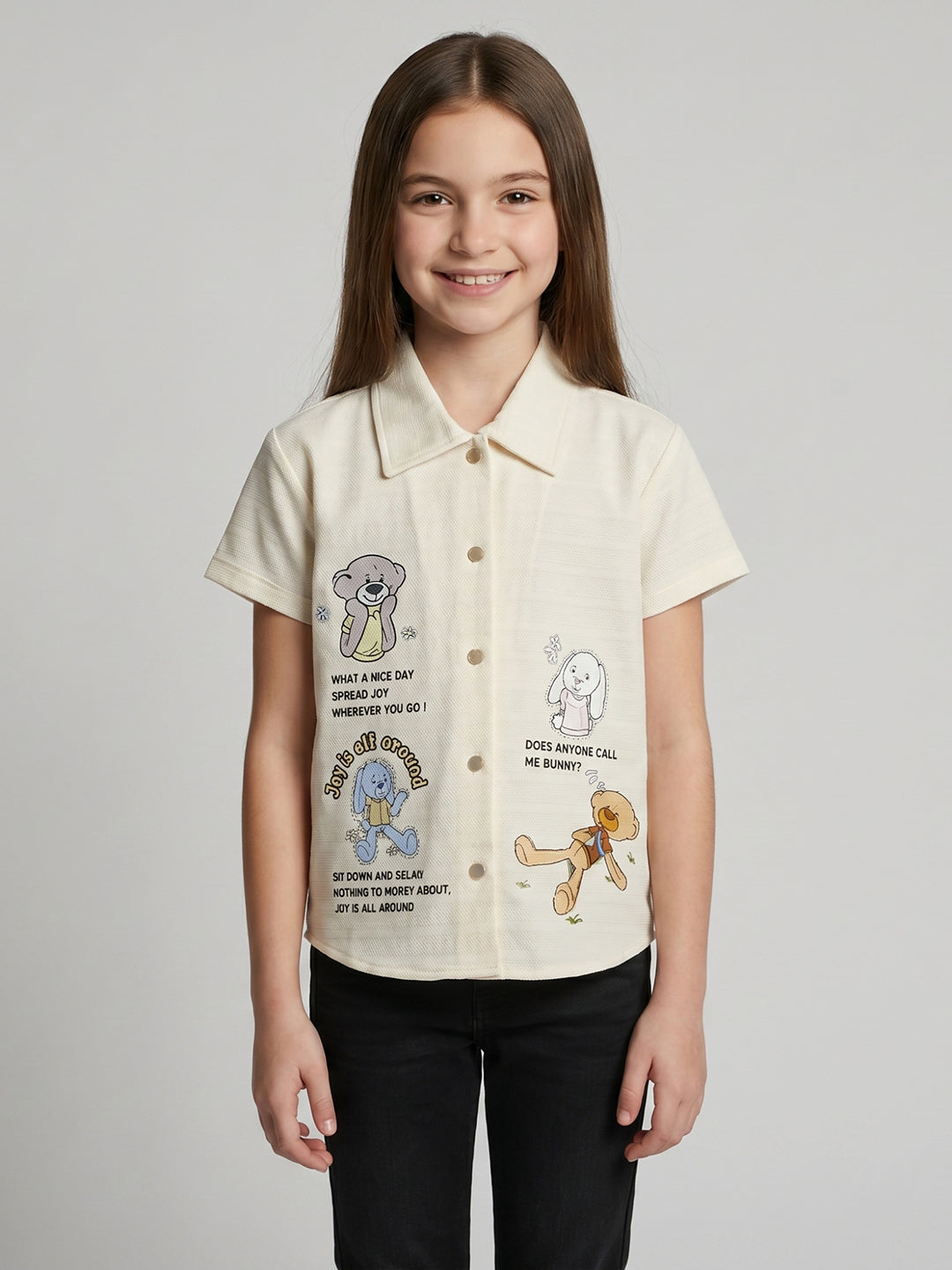 Girls Cream Printed Collar Half Sleeve Top