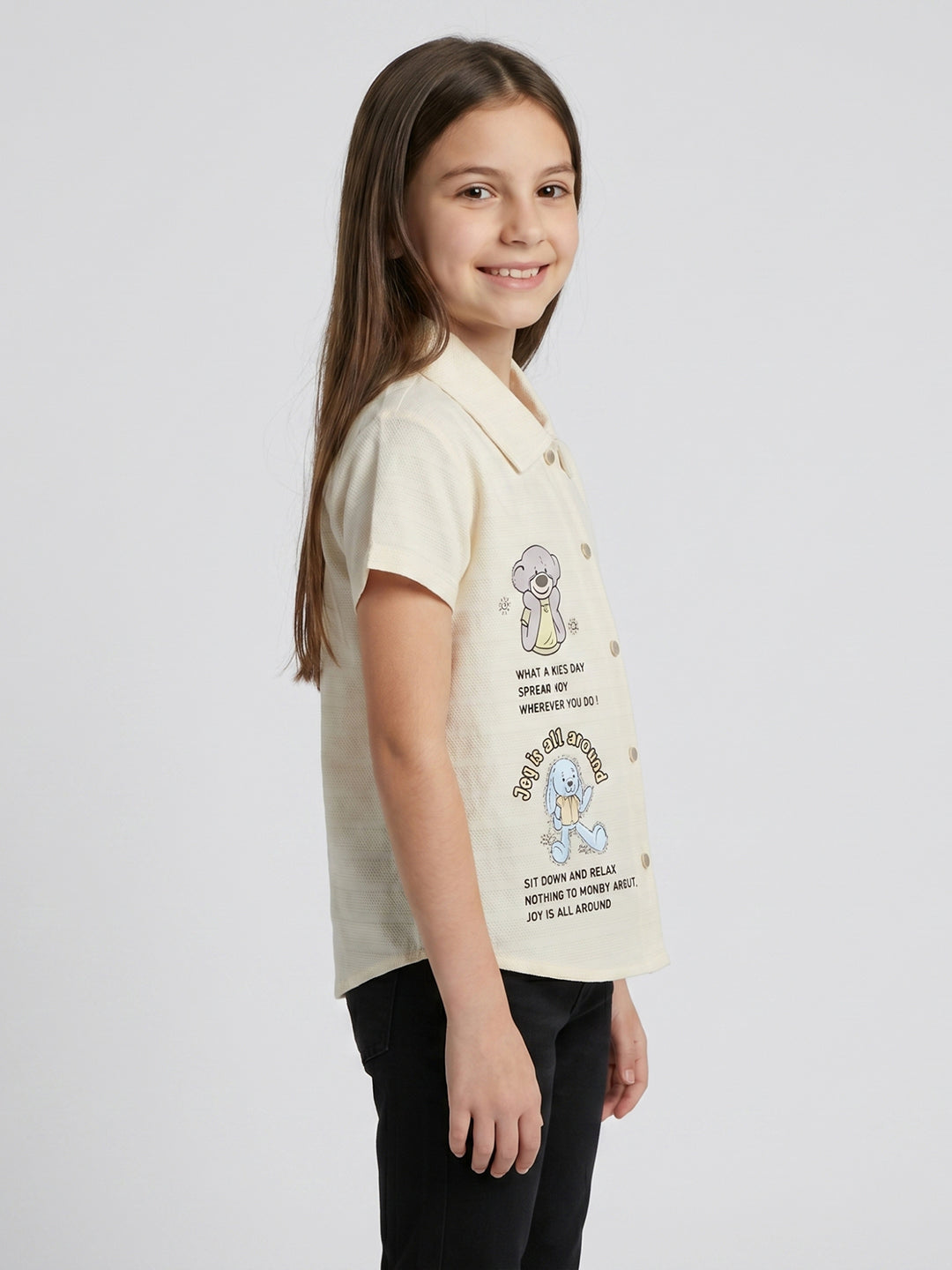 Girls Cream Printed Collar Half Sleeve Top