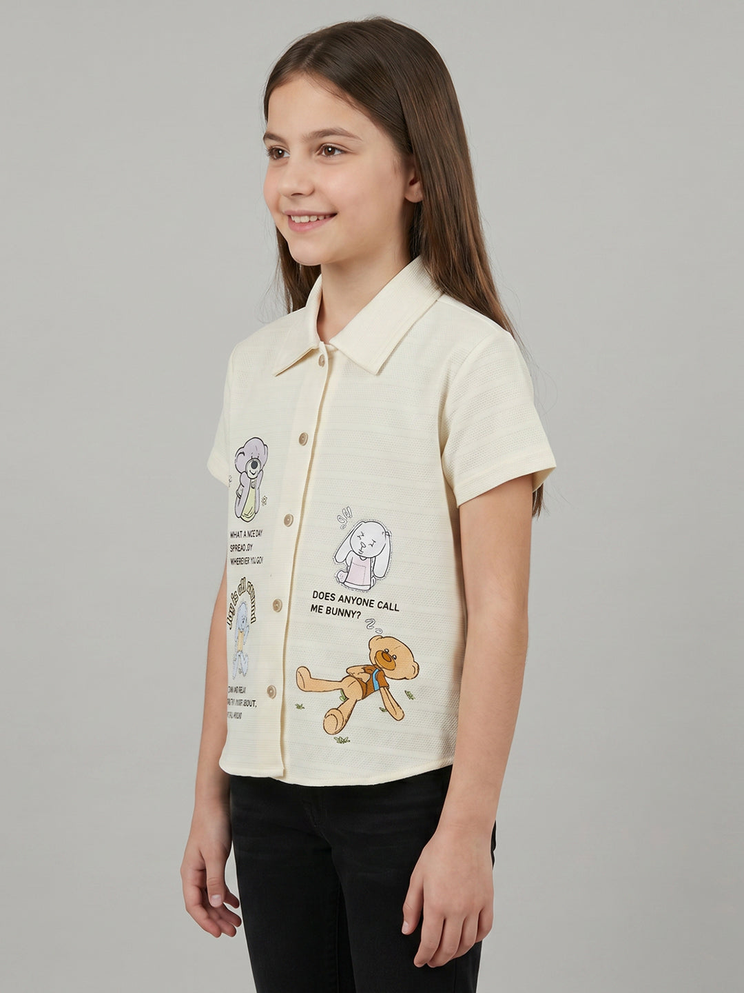 Girls Cream Printed Collar Half Sleeve Top