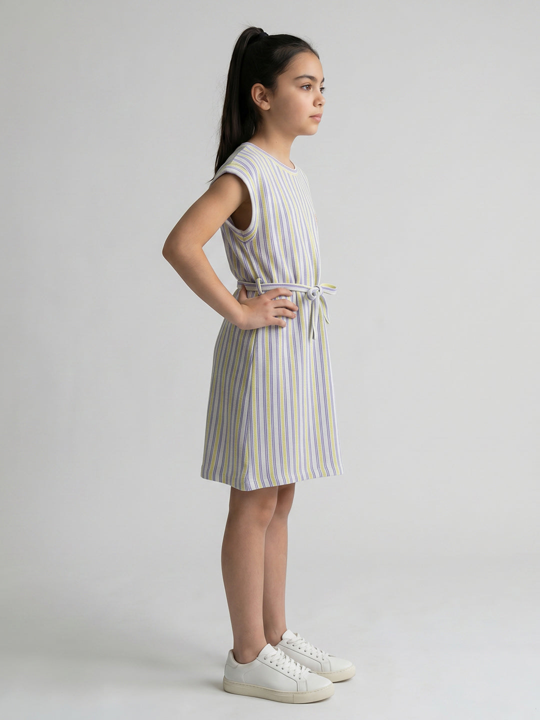 Girls Yellow Stripe Round Neck Half Sleeve Dress