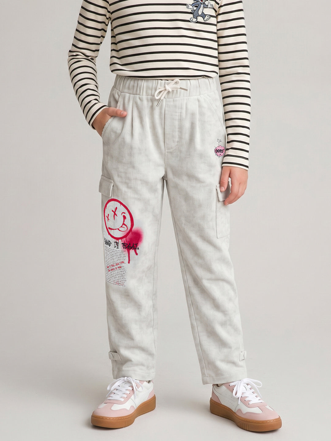 Girls Off White Printed Regular Fit Lower