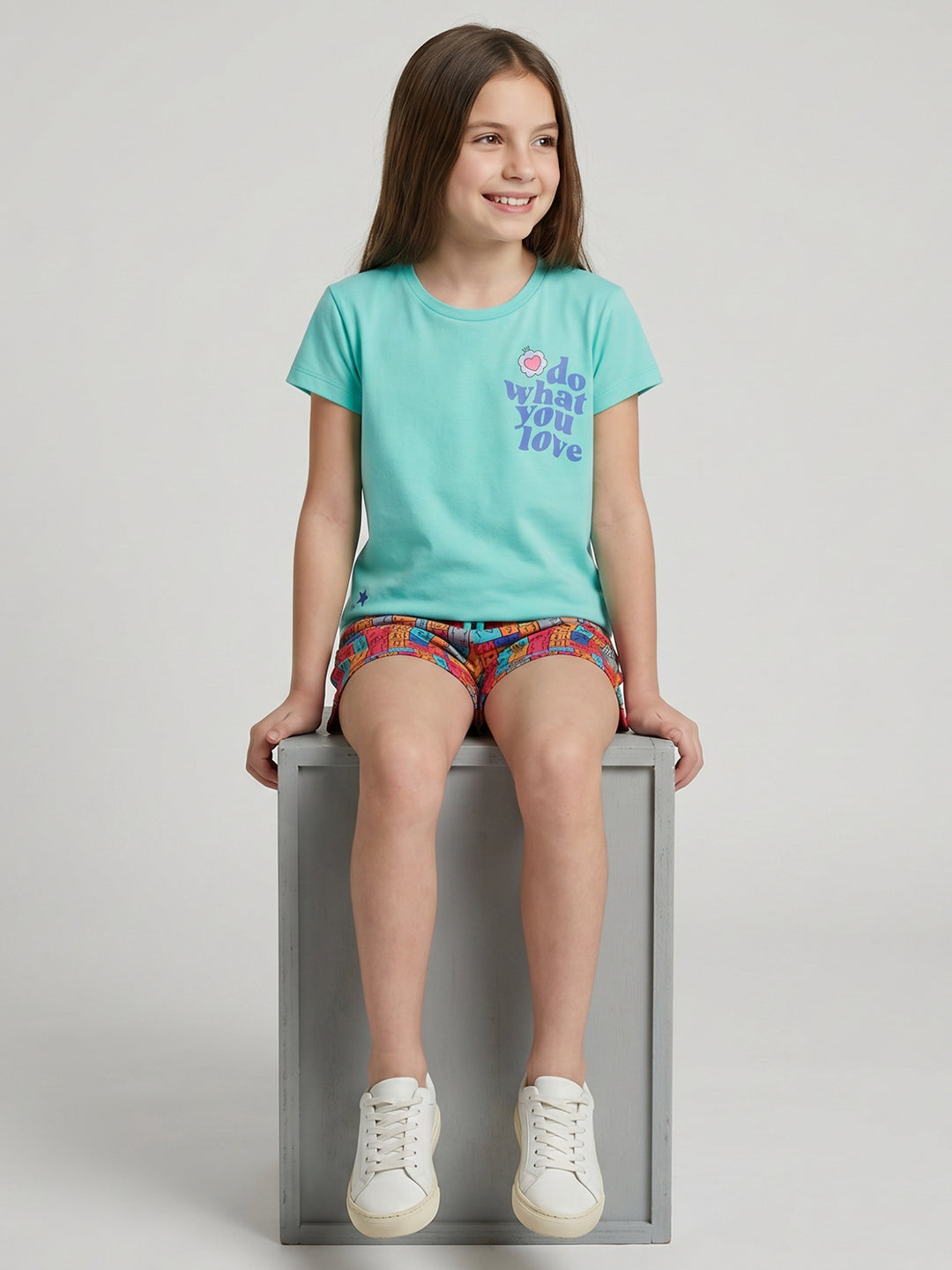 Girls Sea Green Printed Round Neck Half Sleeve Shorts Set