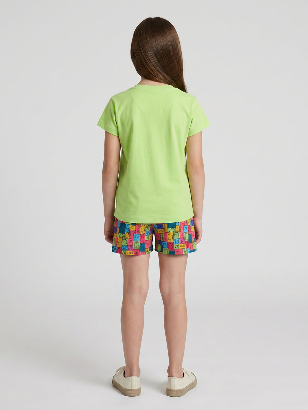 Girls Green Printed Round Neck Half Sleeve Shorts Set