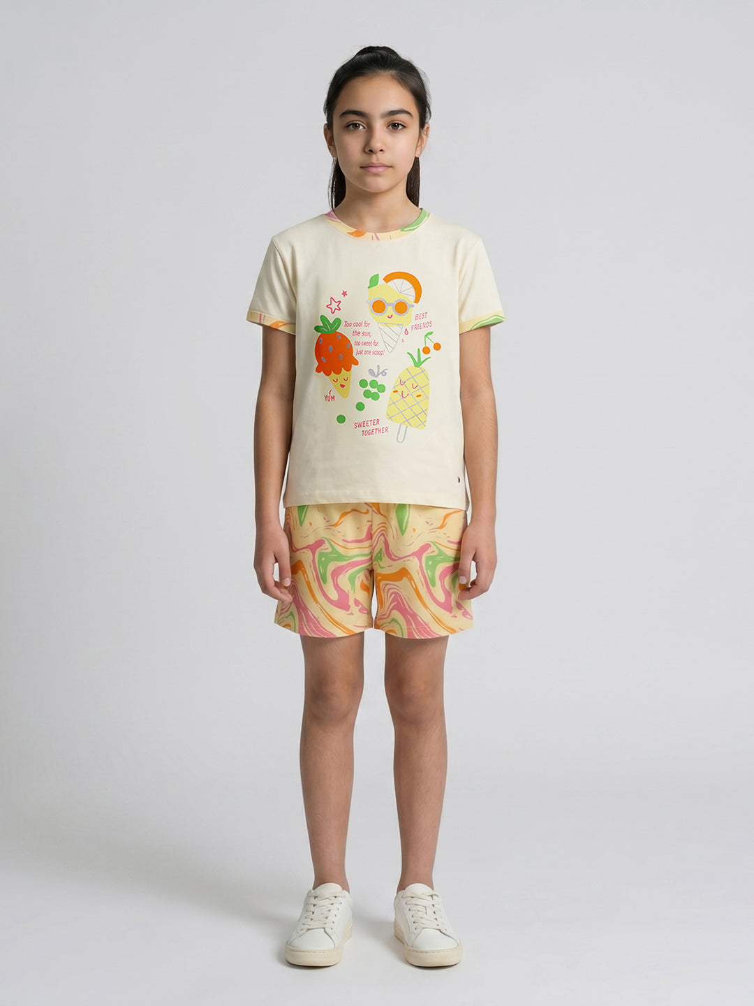 Girls Cream Printed Round Neck Half Sleeve Shorts Set