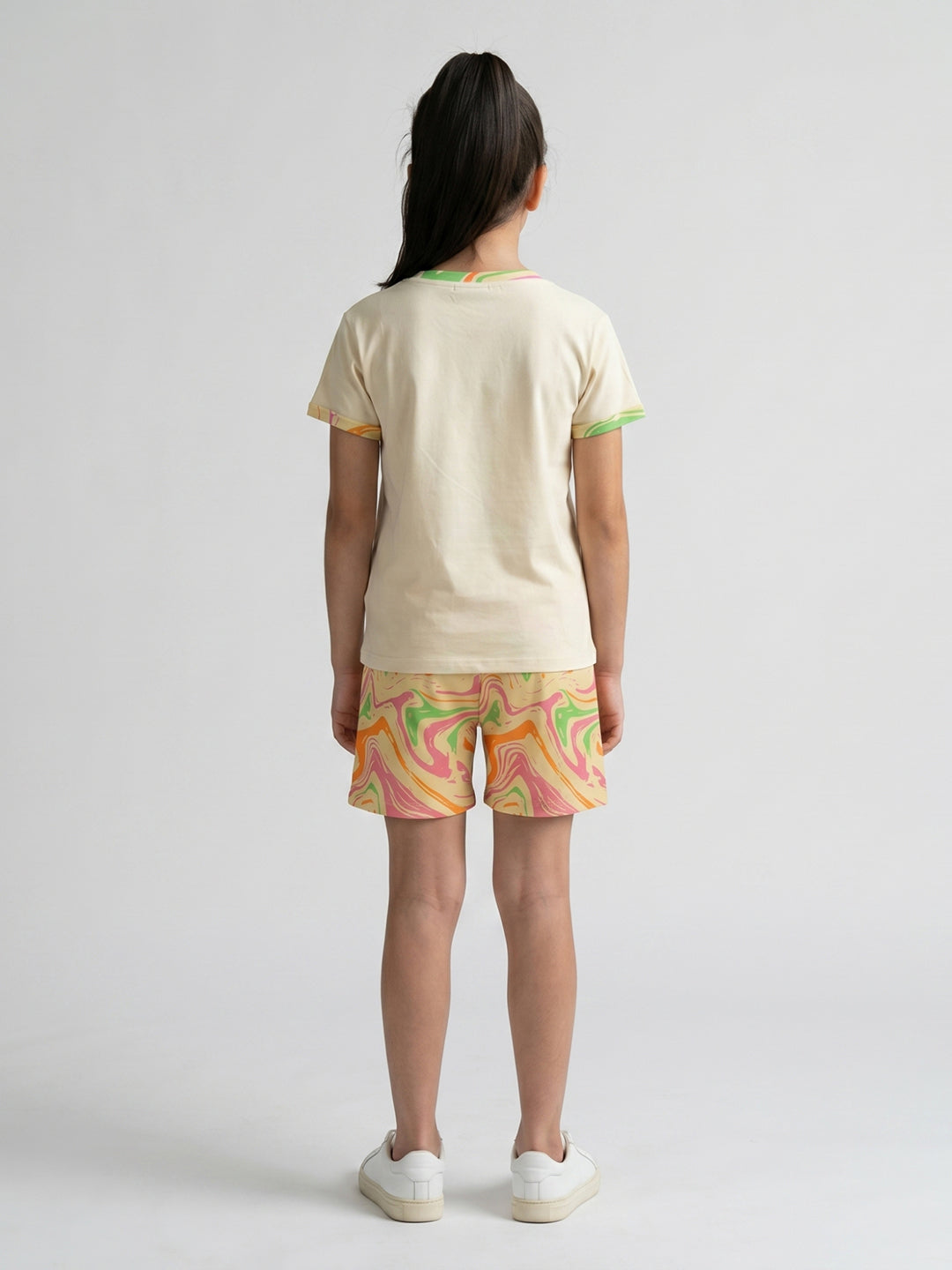Girls Cream Printed Round Neck Half Sleeve Shorts Set