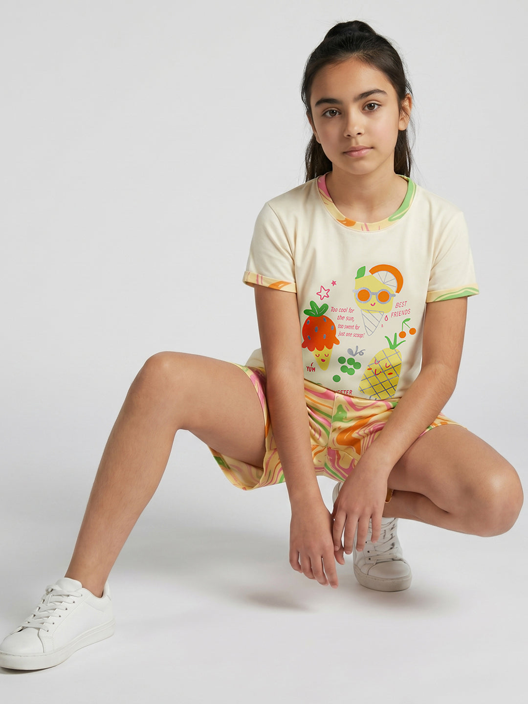 Girls Cream Printed Round Neck Half Sleeve Shorts Set