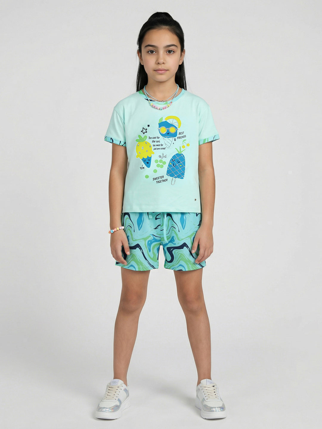 Girls Mint Green Printed Round Neck Half Sleeve Shorts Set