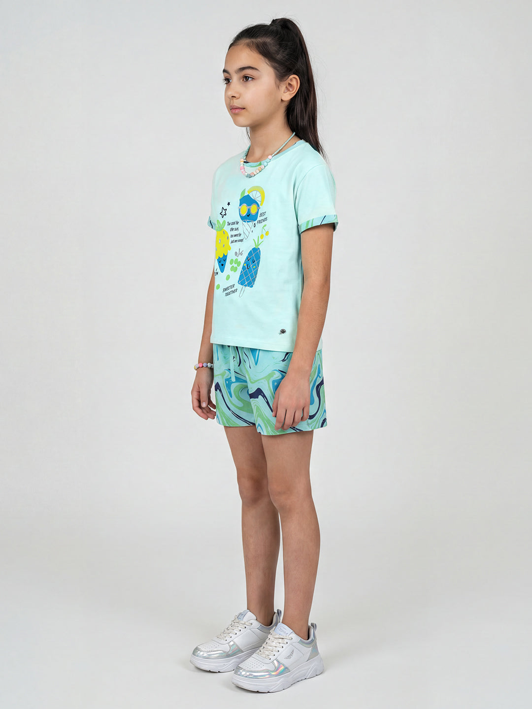 Girls Mint Green Printed Round Neck Half Sleeve Shorts Set