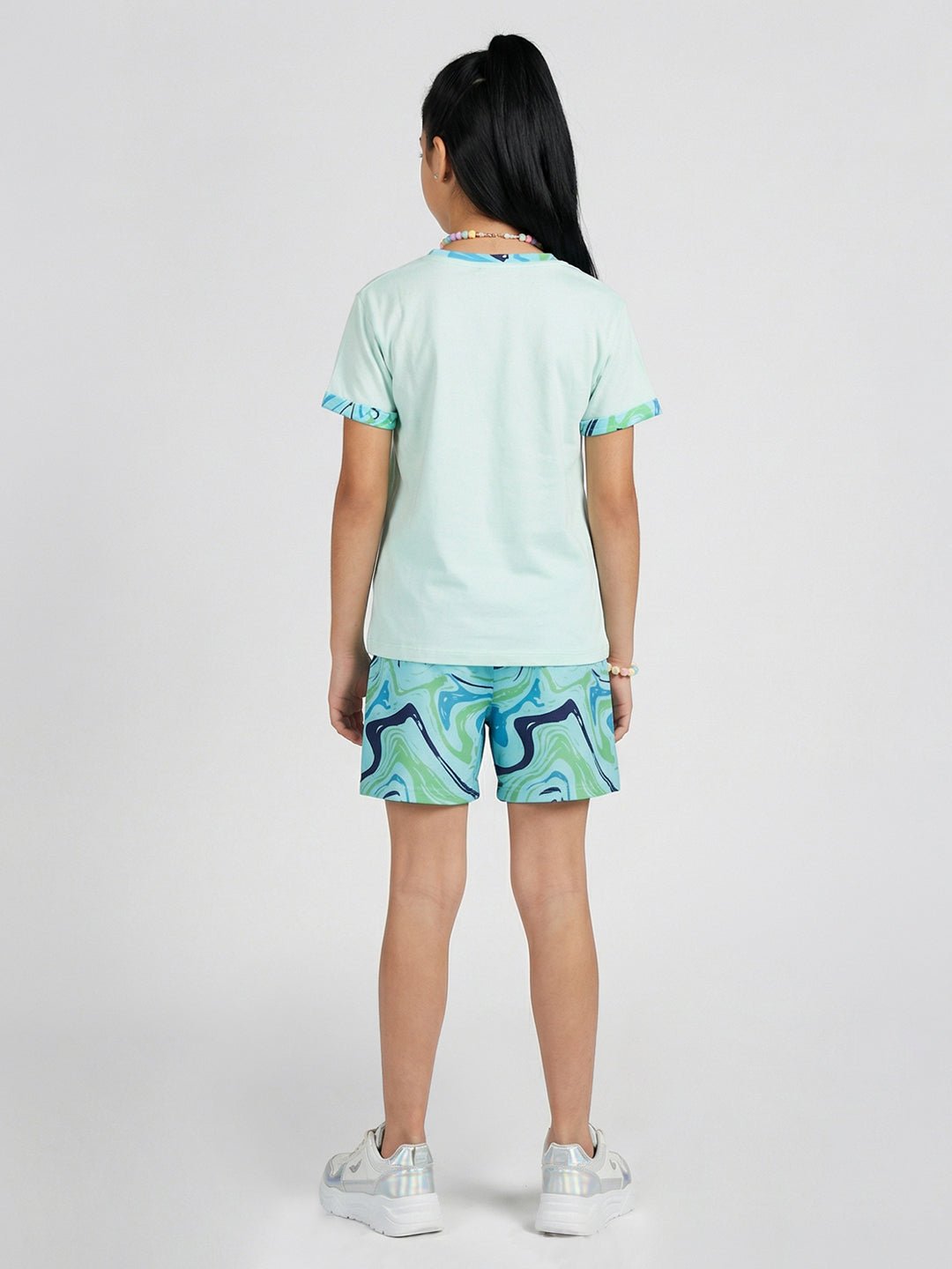 Girls Mint Green Printed Round Neck Half Sleeve Shorts Set