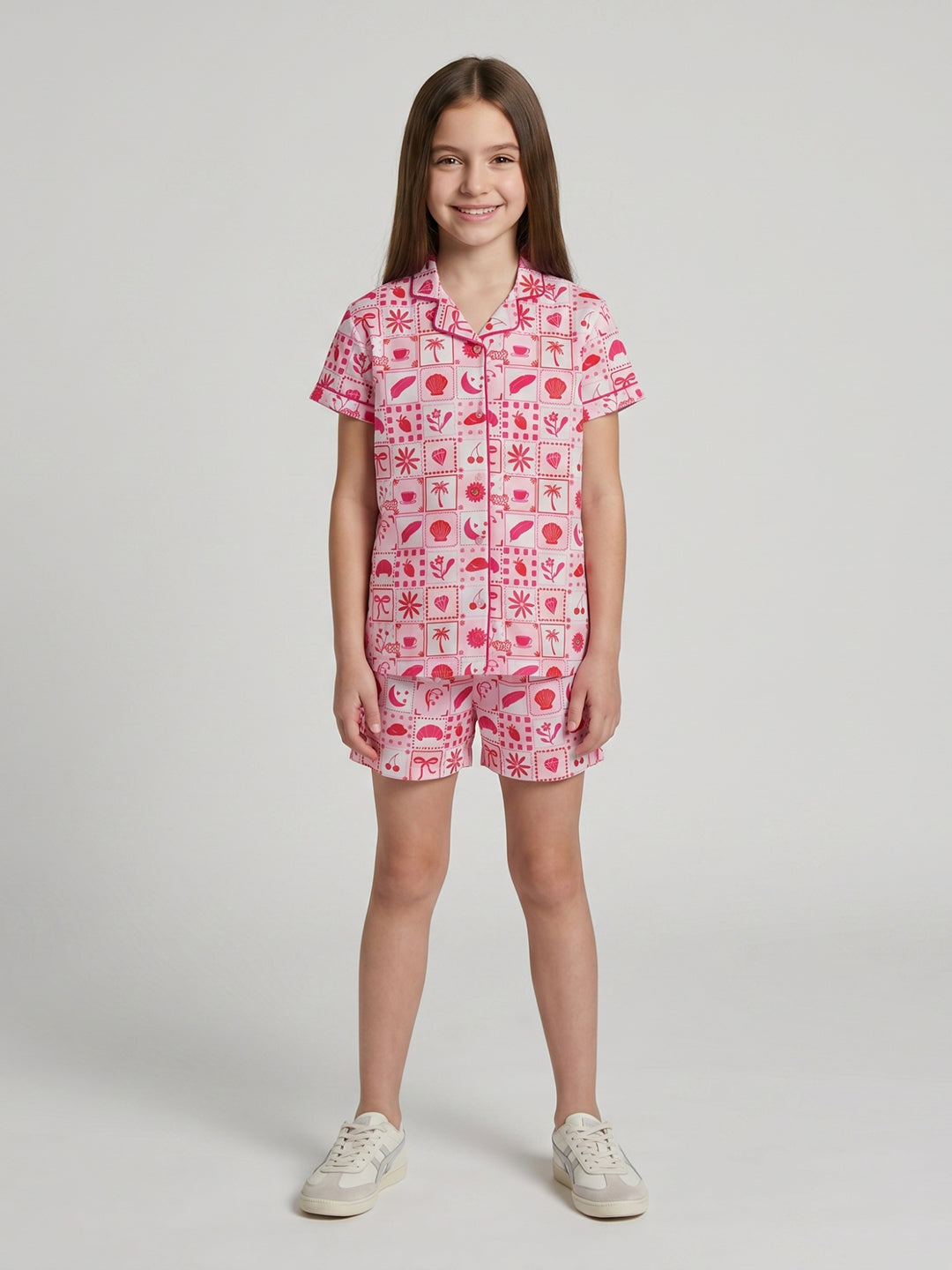 Girls Red Printed Collar Half Sleeve Shorts Set