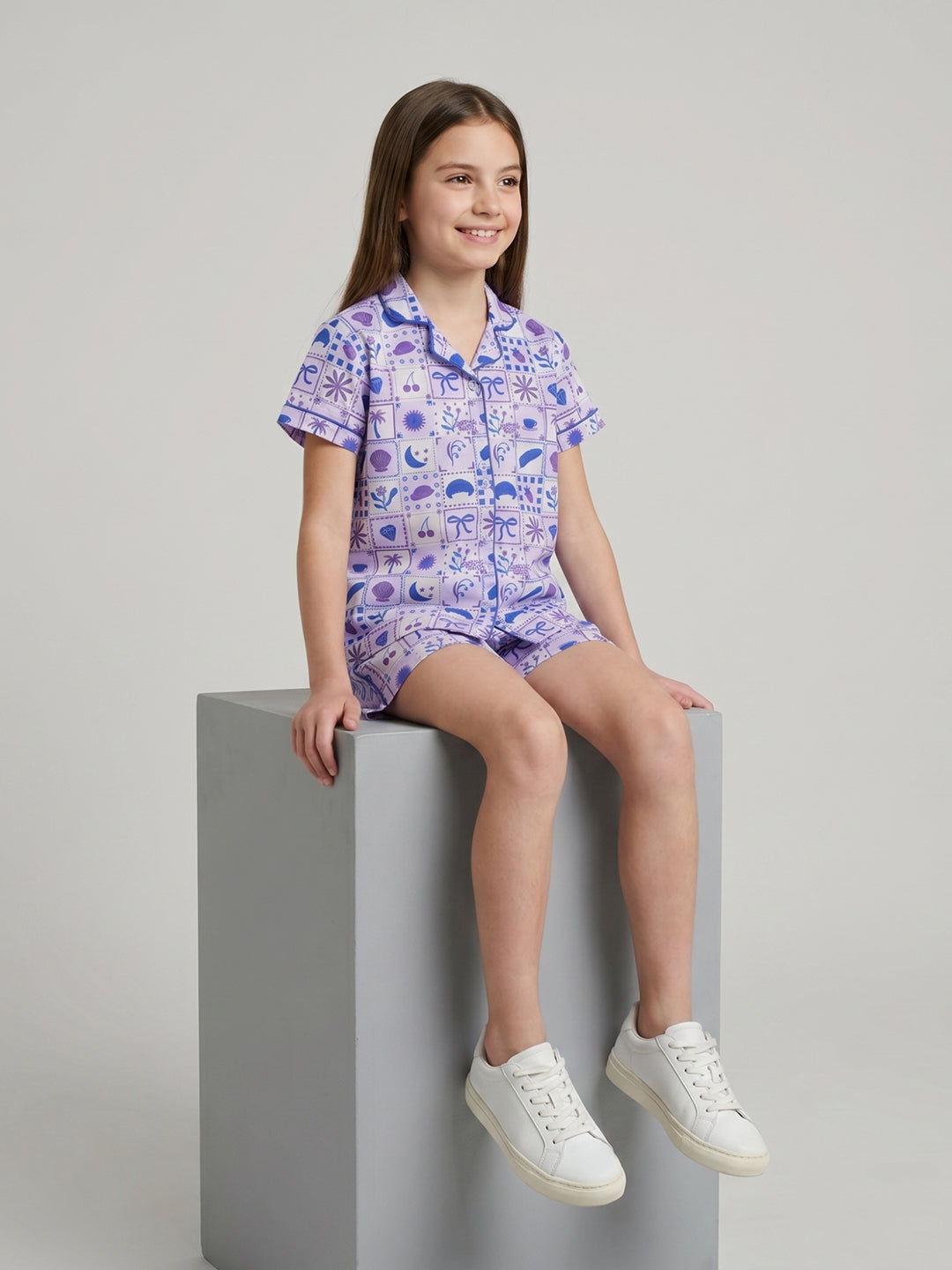 Girls Purple Printed Collar Half Sleeve Shorts Set