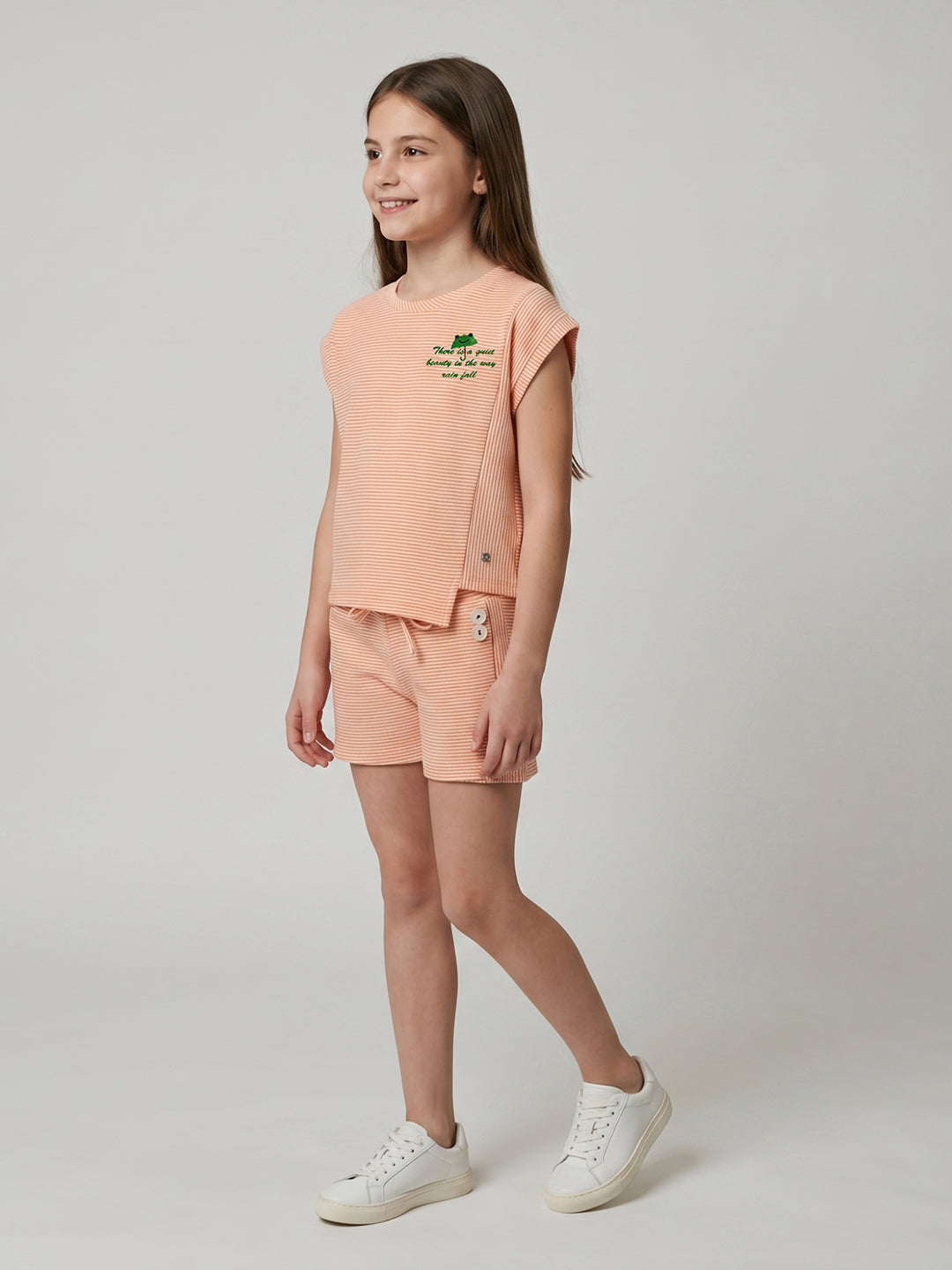 Girls Orange Jacquard Round Neck Half Sleeve Cords Set
