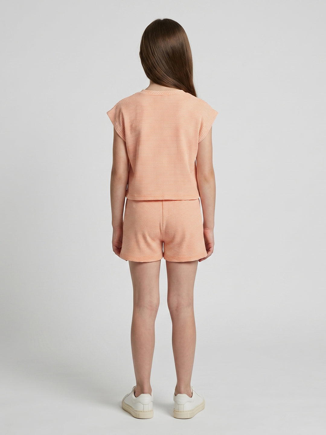 Girls Orange Jacquard Round Neck Half Sleeve Cords Set