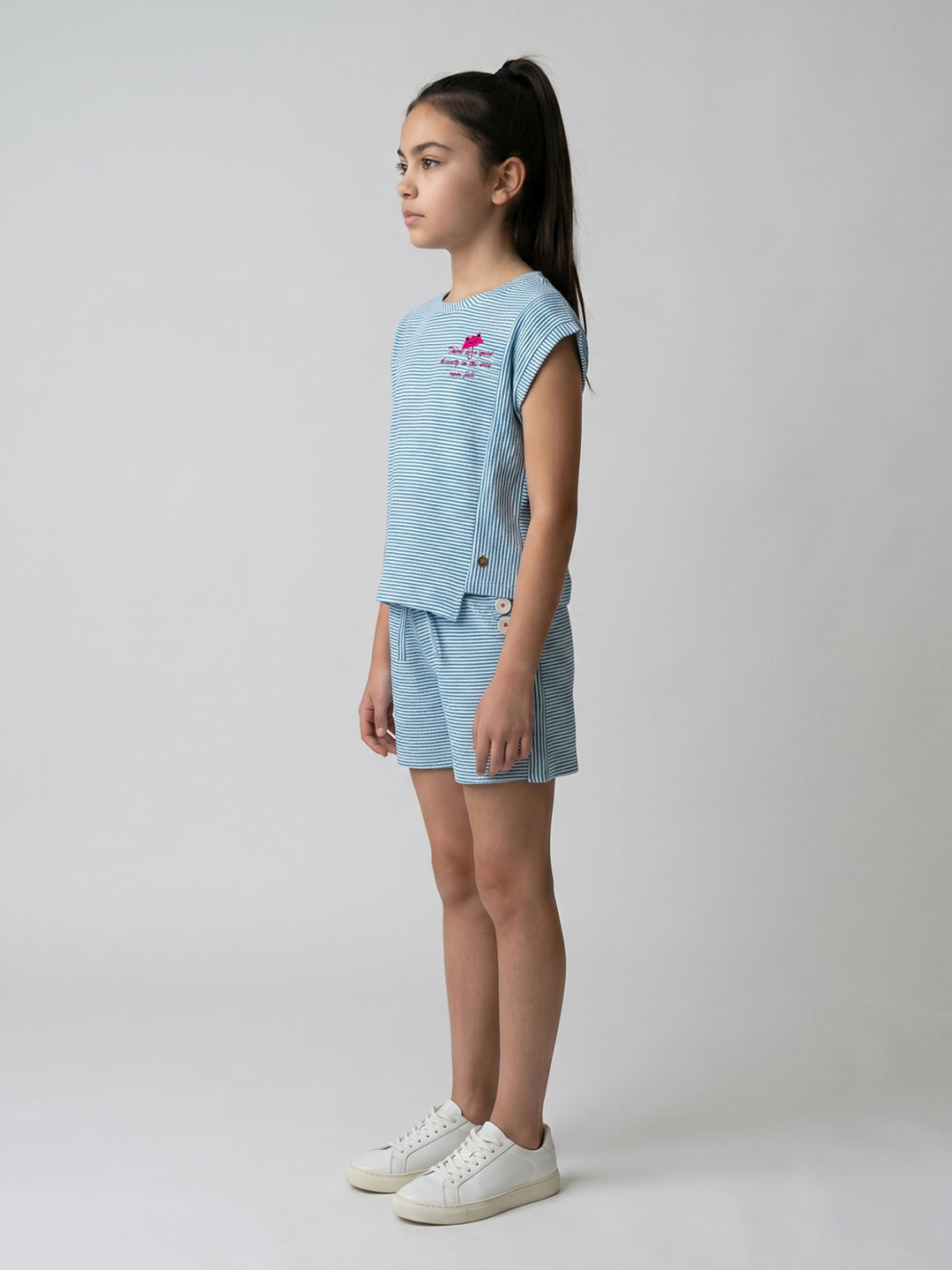 Girls Blue Jacquard Round Neck Half Sleeve Cords Set