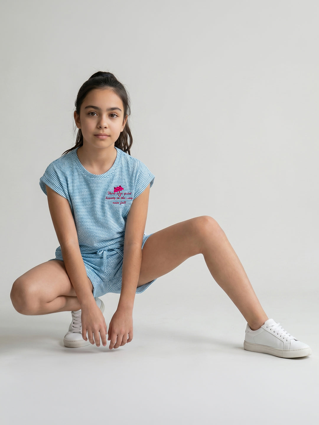 Girls Blue Jacquard Round Neck Half Sleeve Cords Set