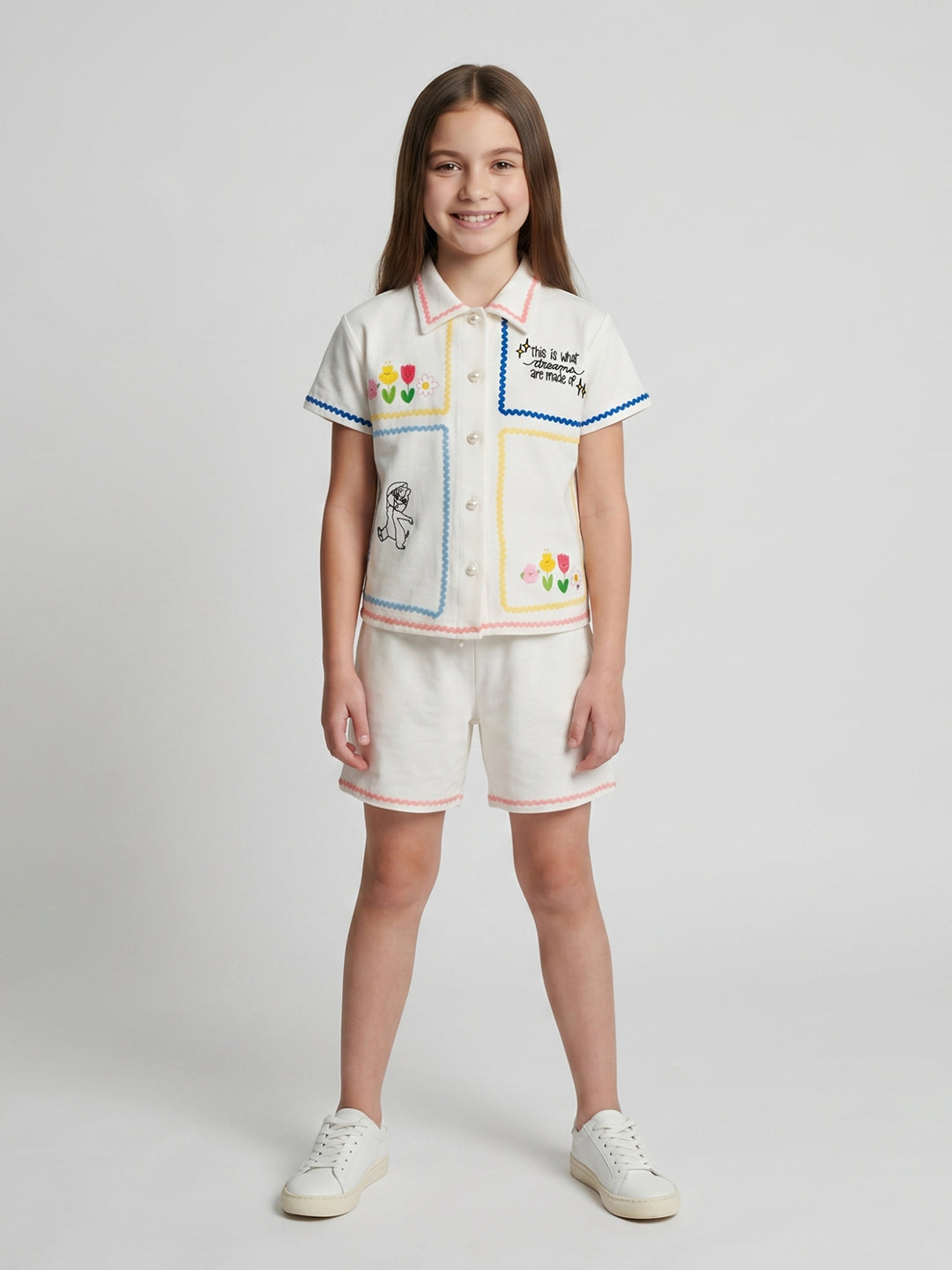 Girls Off White Embroidered Round Neck Half Sleeve Cords Set