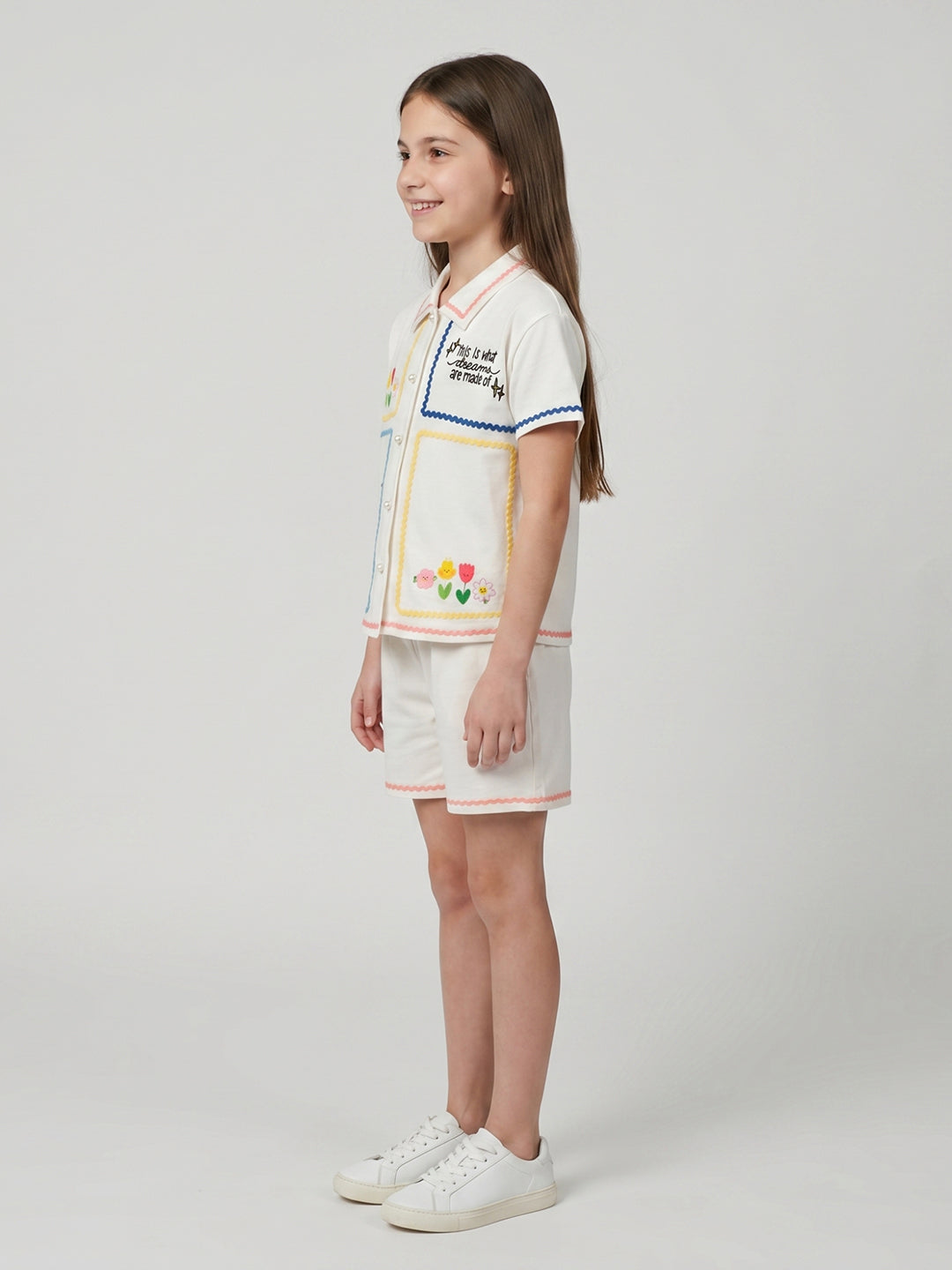 Girls Off White Embroidered Round Neck Half Sleeve Cords Set