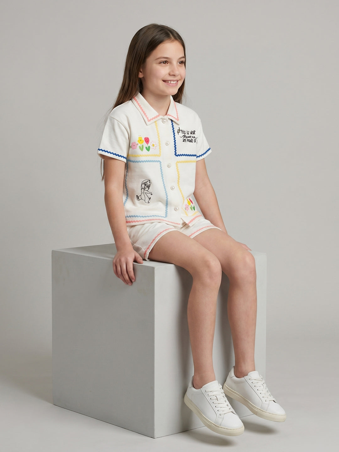 Girls Off White Embroidered Round Neck Half Sleeve Cords Set