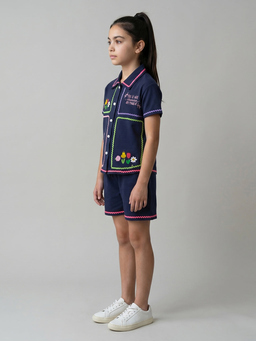 Girls Navy Blue Embroidered Round Neck Half Sleeve Cords Set