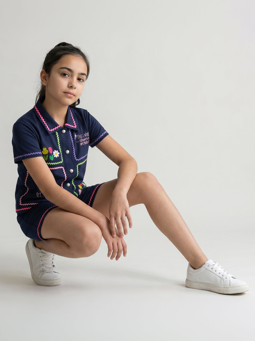 Girls Navy Blue Embroidered Round Neck Half Sleeve Cords Set