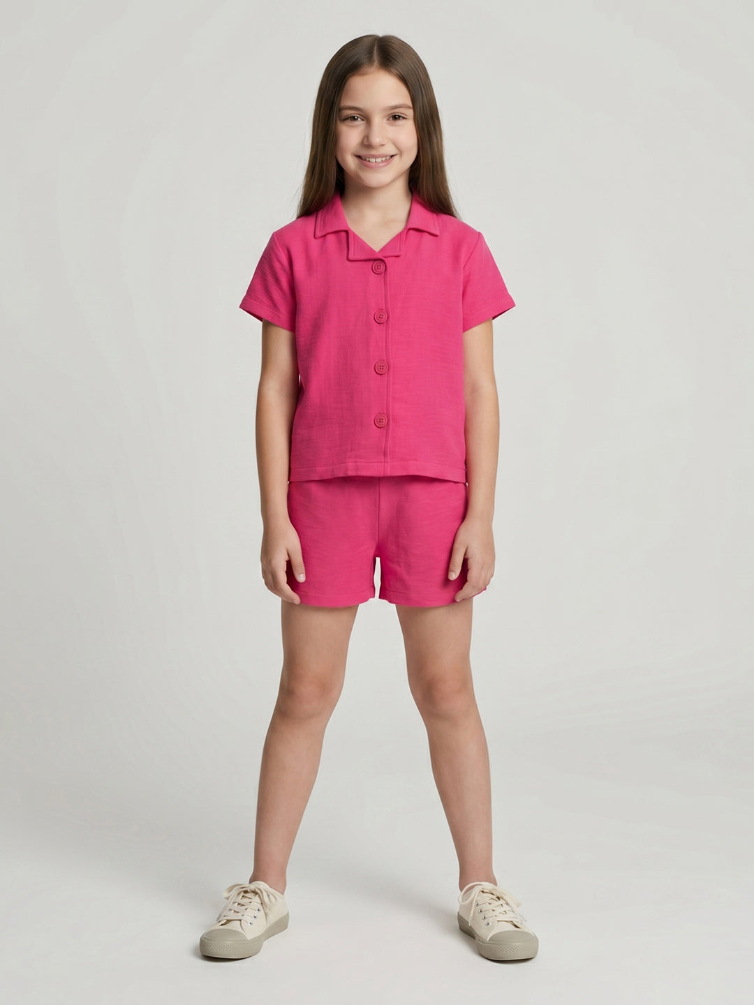 Girls Magenta Solid Round Neck Half Sleeve Cords Set