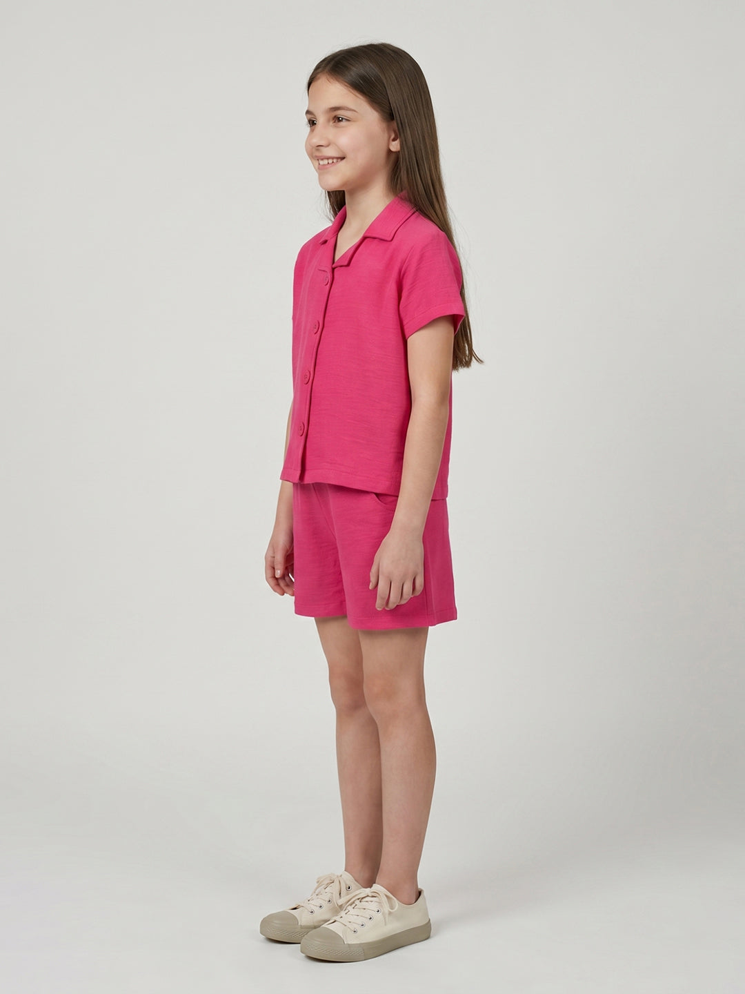 Girls Magenta Solid Round Neck Half Sleeve Cords Set
