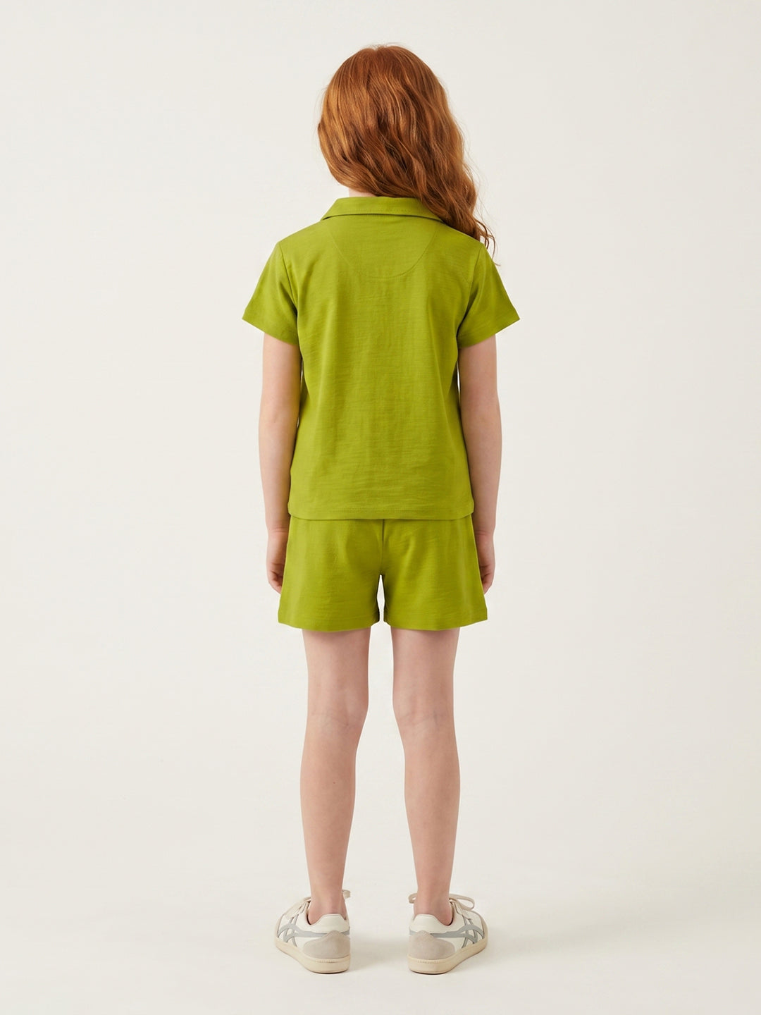 Girls Green Solid Round Neck Half Sleeve Cords Set
