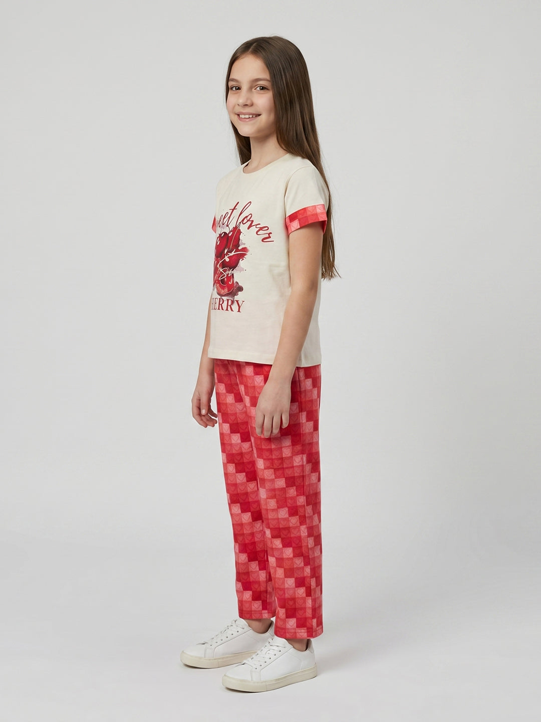Girls Off White Printed Round Neck Half Sleeve Lower Set