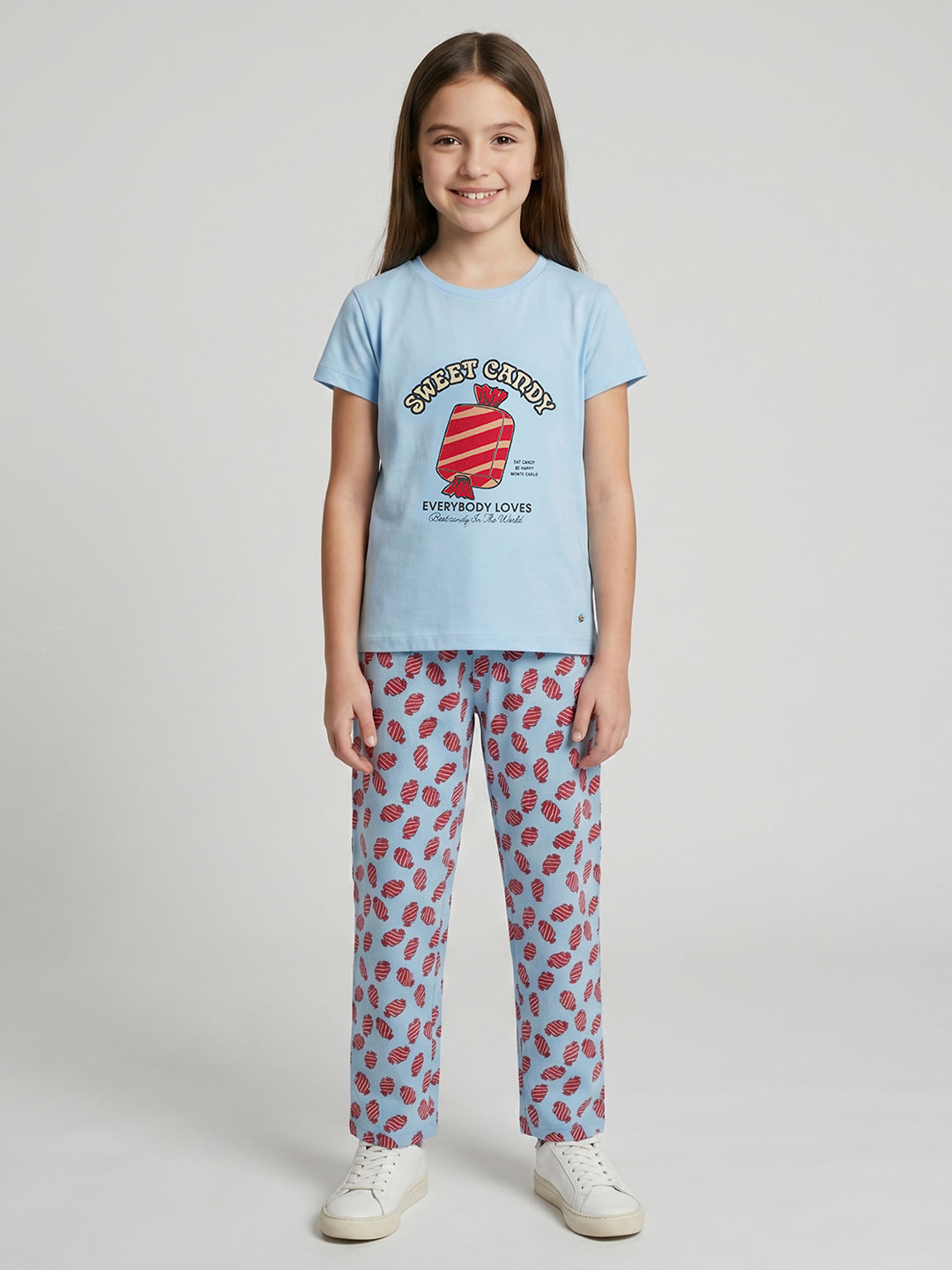 Girls Sky Blue Printed Round Neck Half Sleeve Lower Set