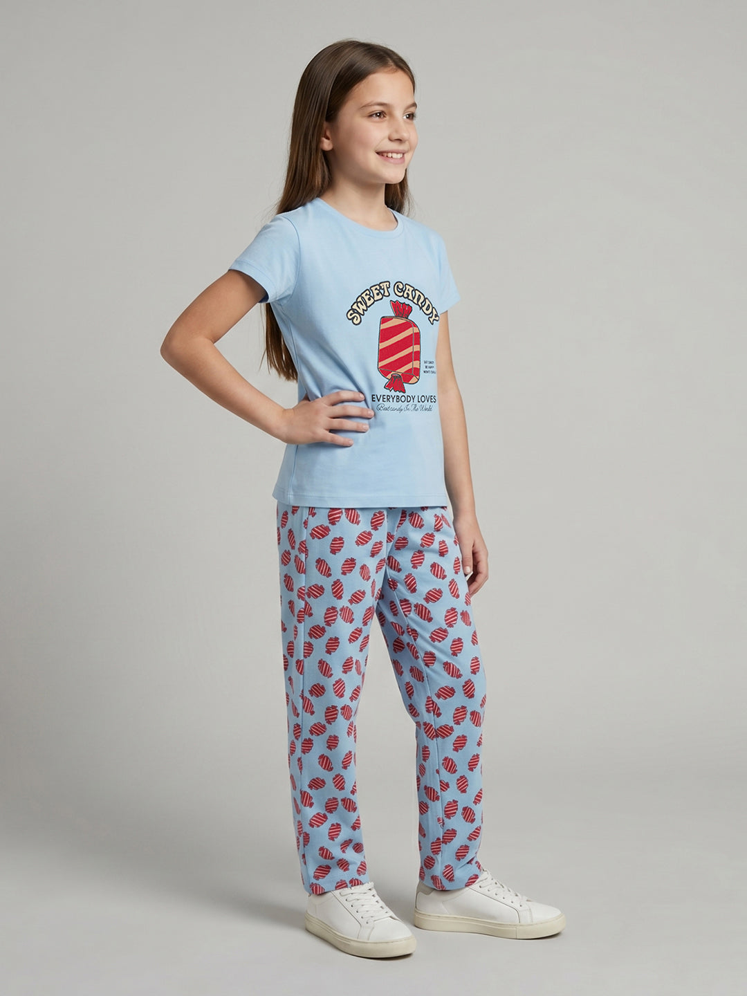 Girls Sky Blue Printed Round Neck Half Sleeve Lower Set