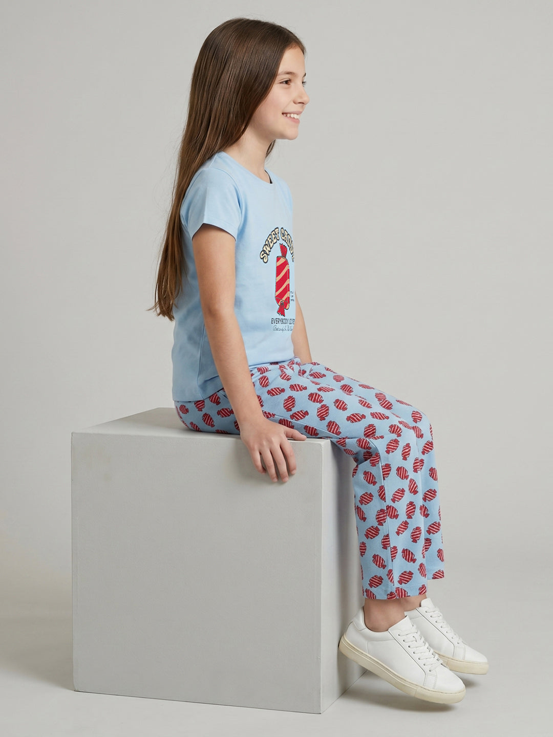 Girls Sky Blue Printed Round Neck Half Sleeve Lower Set