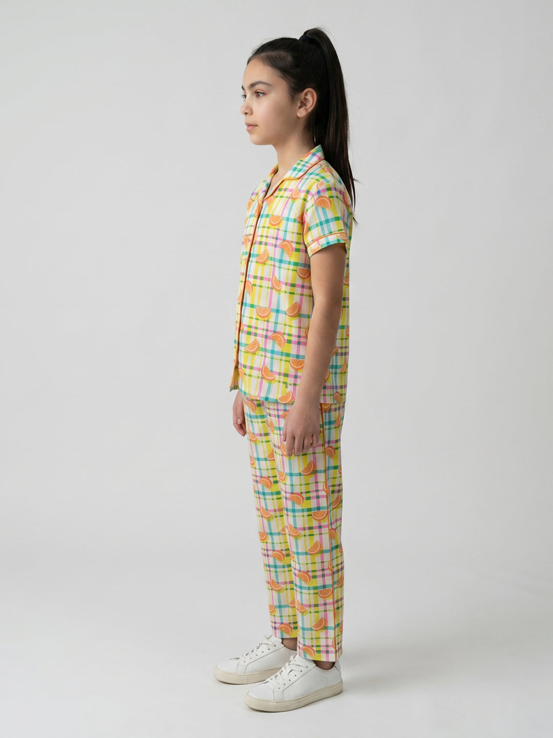 Girls Orange Printed Revere Collar Half Sleeve Cords Set