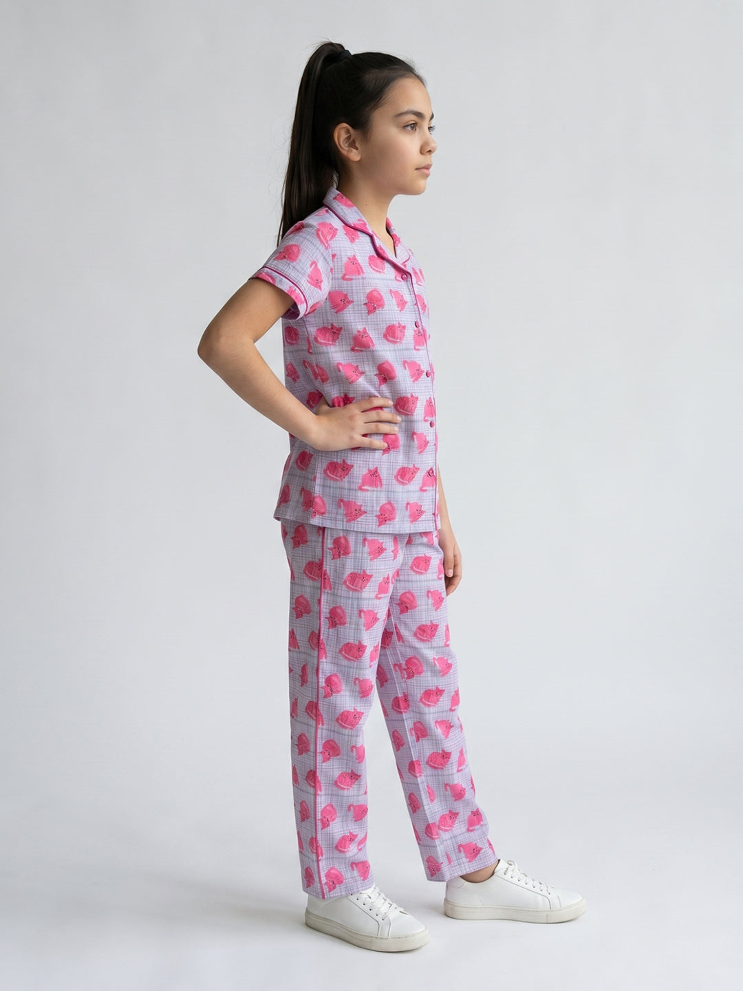 Girls Pink Printed Revere Collar Half Sleeve Cords Set
