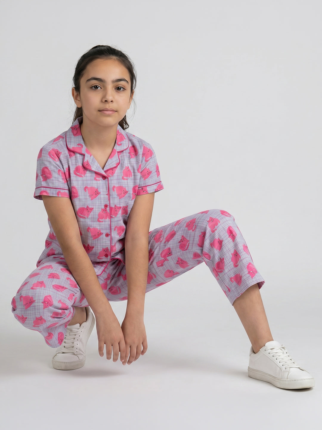 Girls Pink Printed Revere Collar Half Sleeve Cords Set