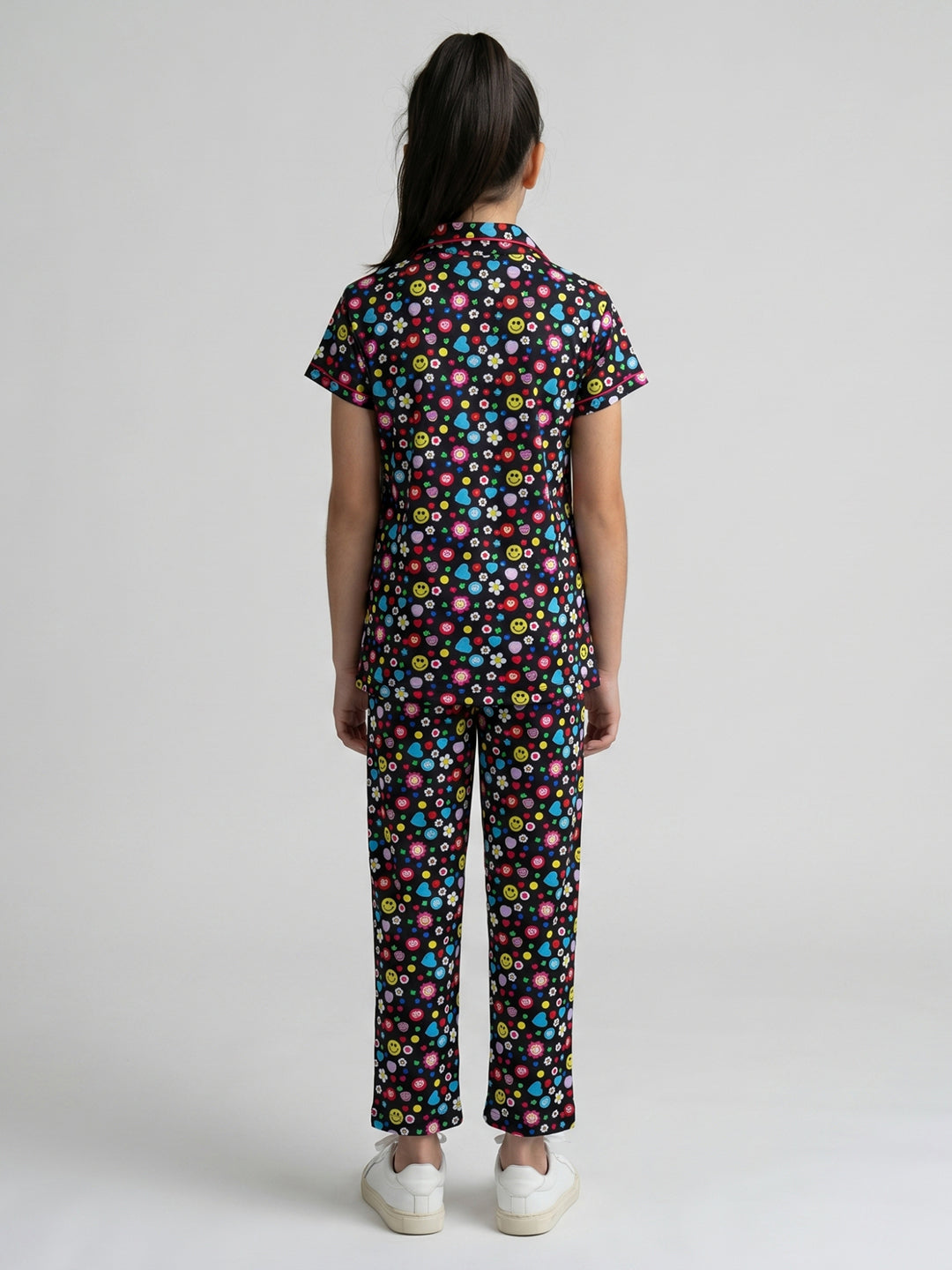 Girls Black Printed Round Neck Half Sleeve Cords Set