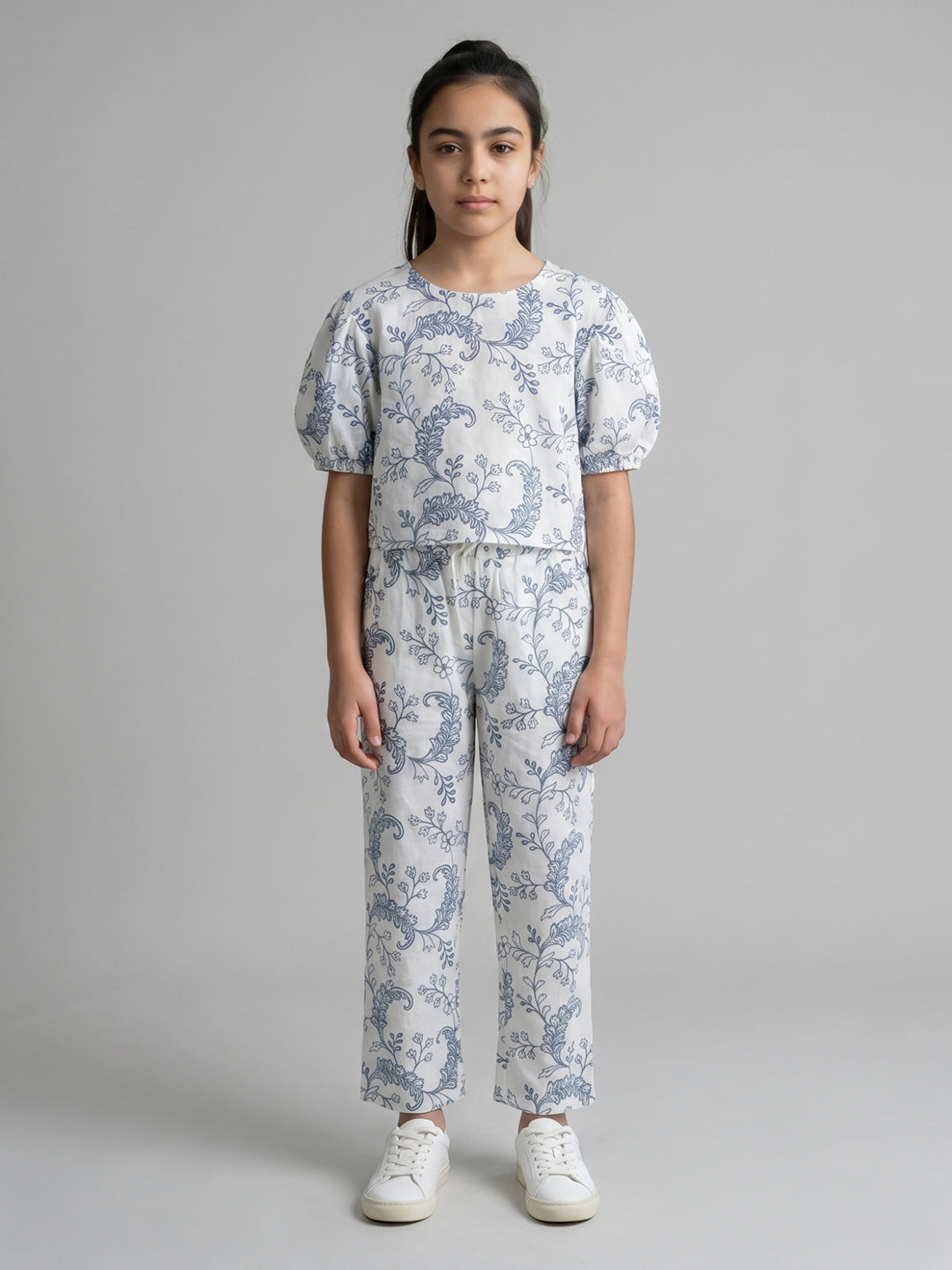 Girls Off White Embroidered Round Neck Half Sleeve Cords Set