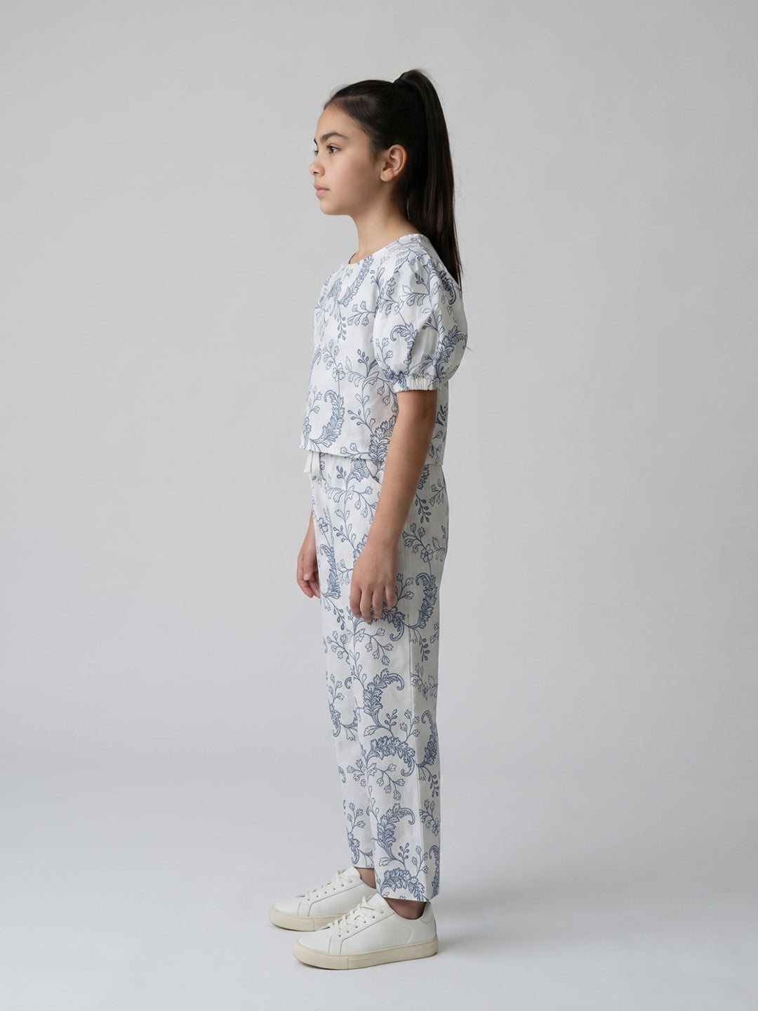 Girls Off White Embroidered Round Neck Half Sleeve Cords Set