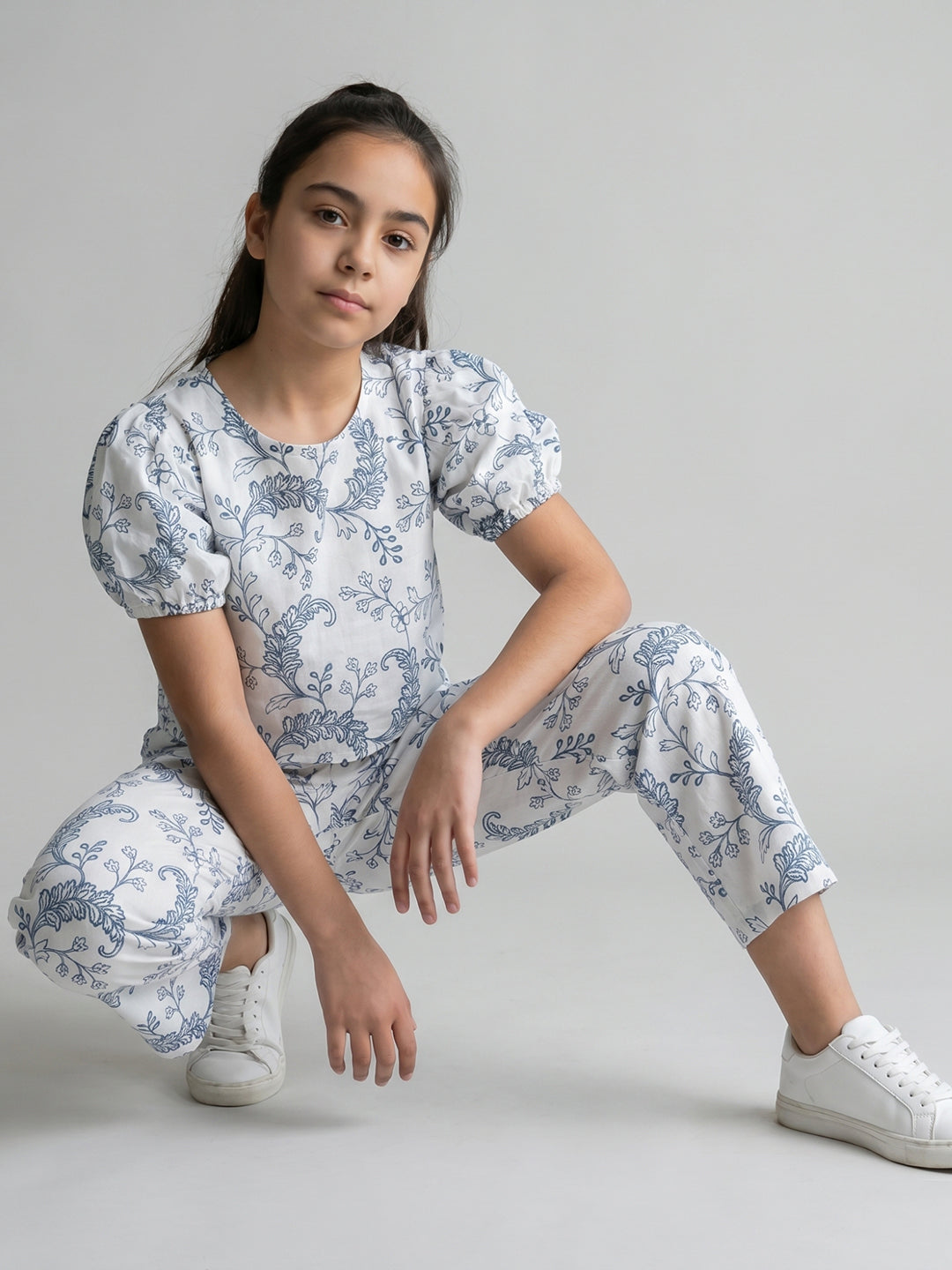 Girls Off White Embroidered Round Neck Half Sleeve Cords Set