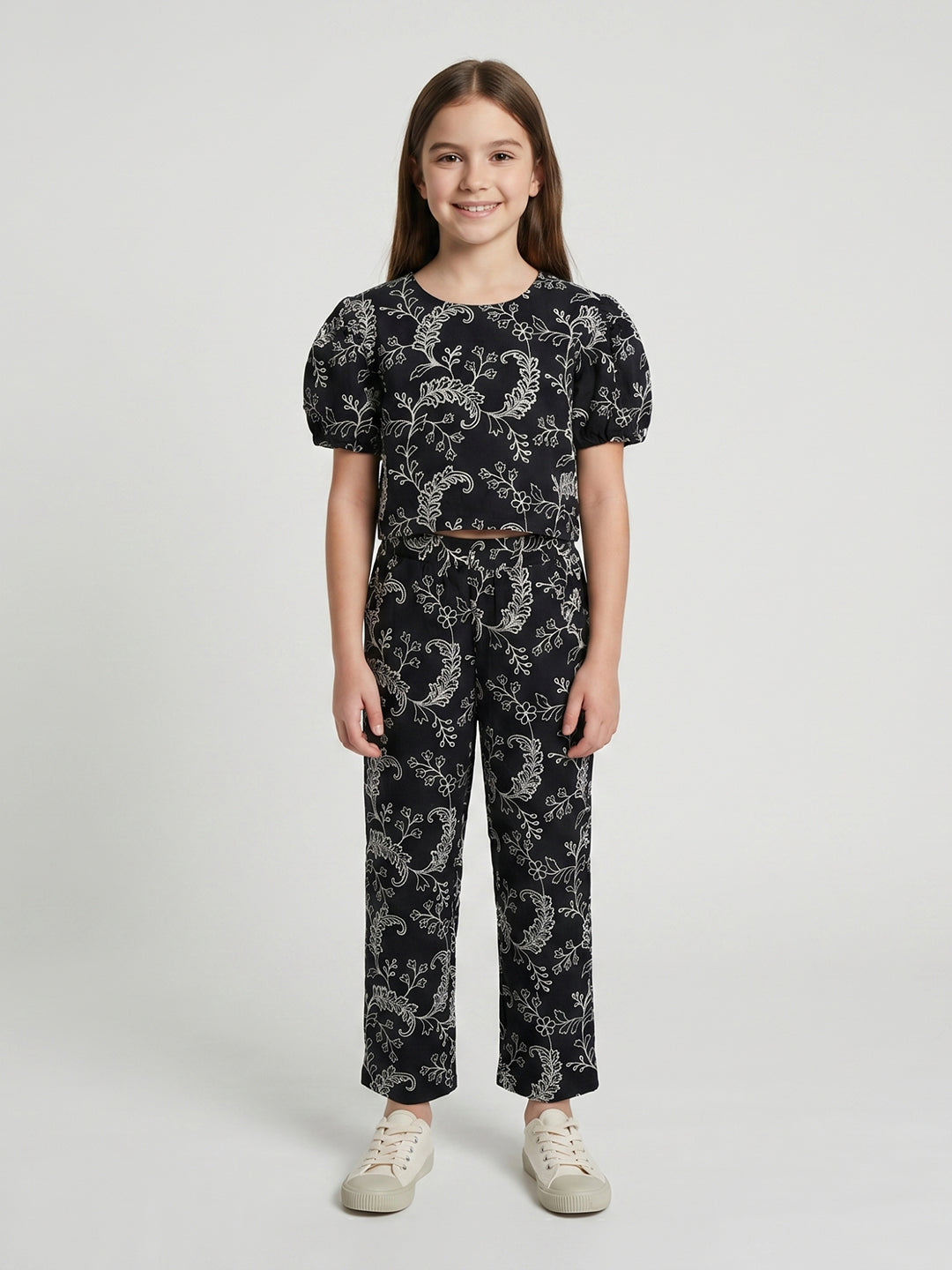 Girls Black Embroidered Round Neck Half Sleeve Cords Set