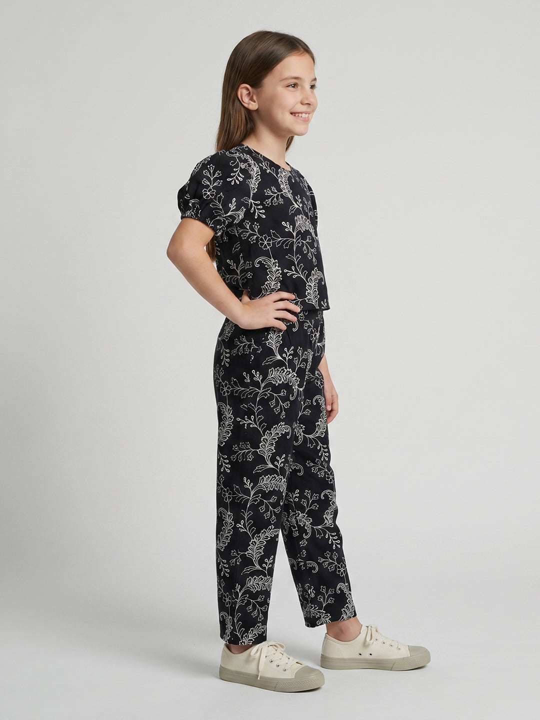 Girls Black Embroidered Round Neck Half Sleeve Cords Set
