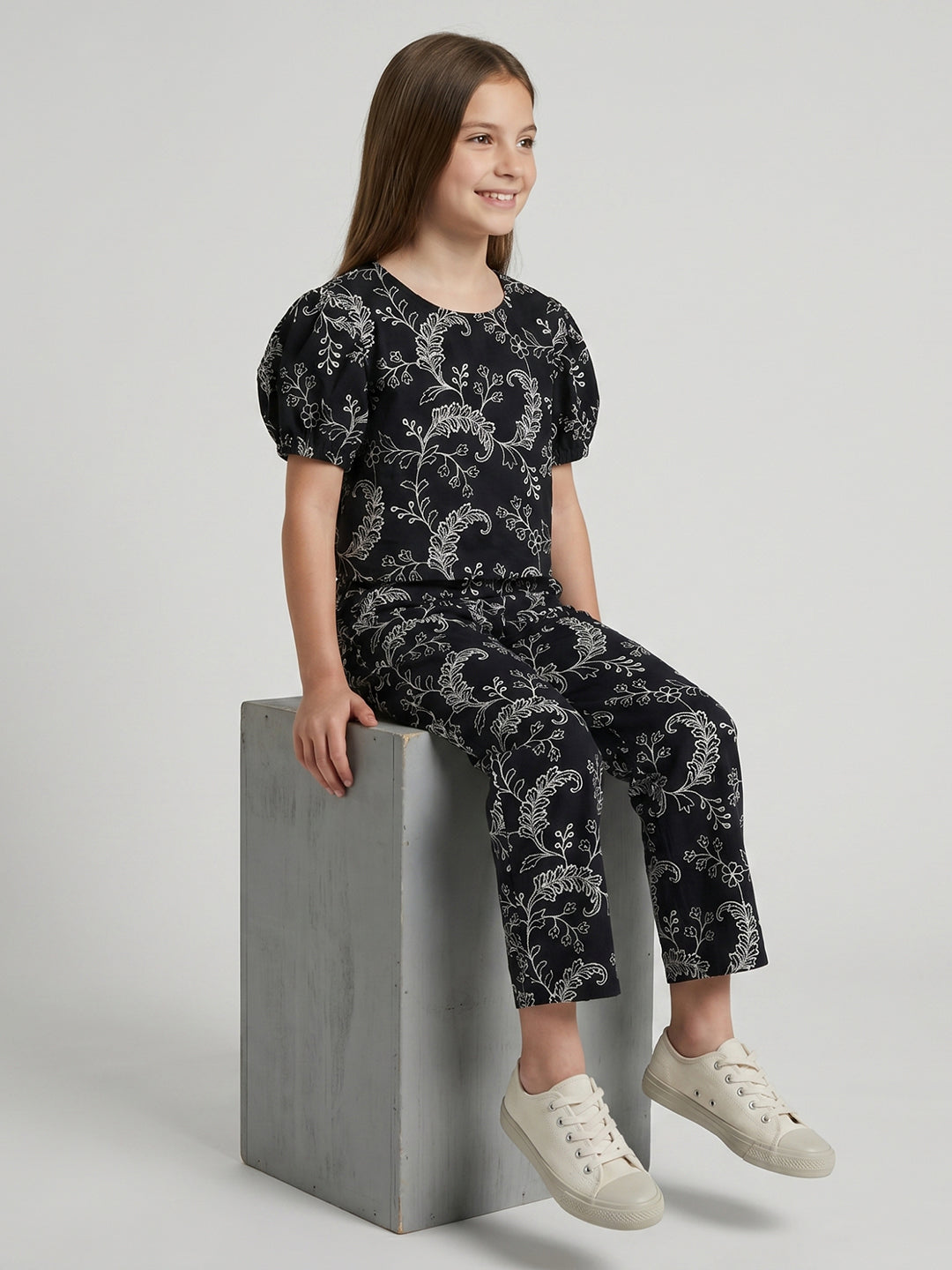 Girls Black Embroidered Round Neck Half Sleeve Cords Set