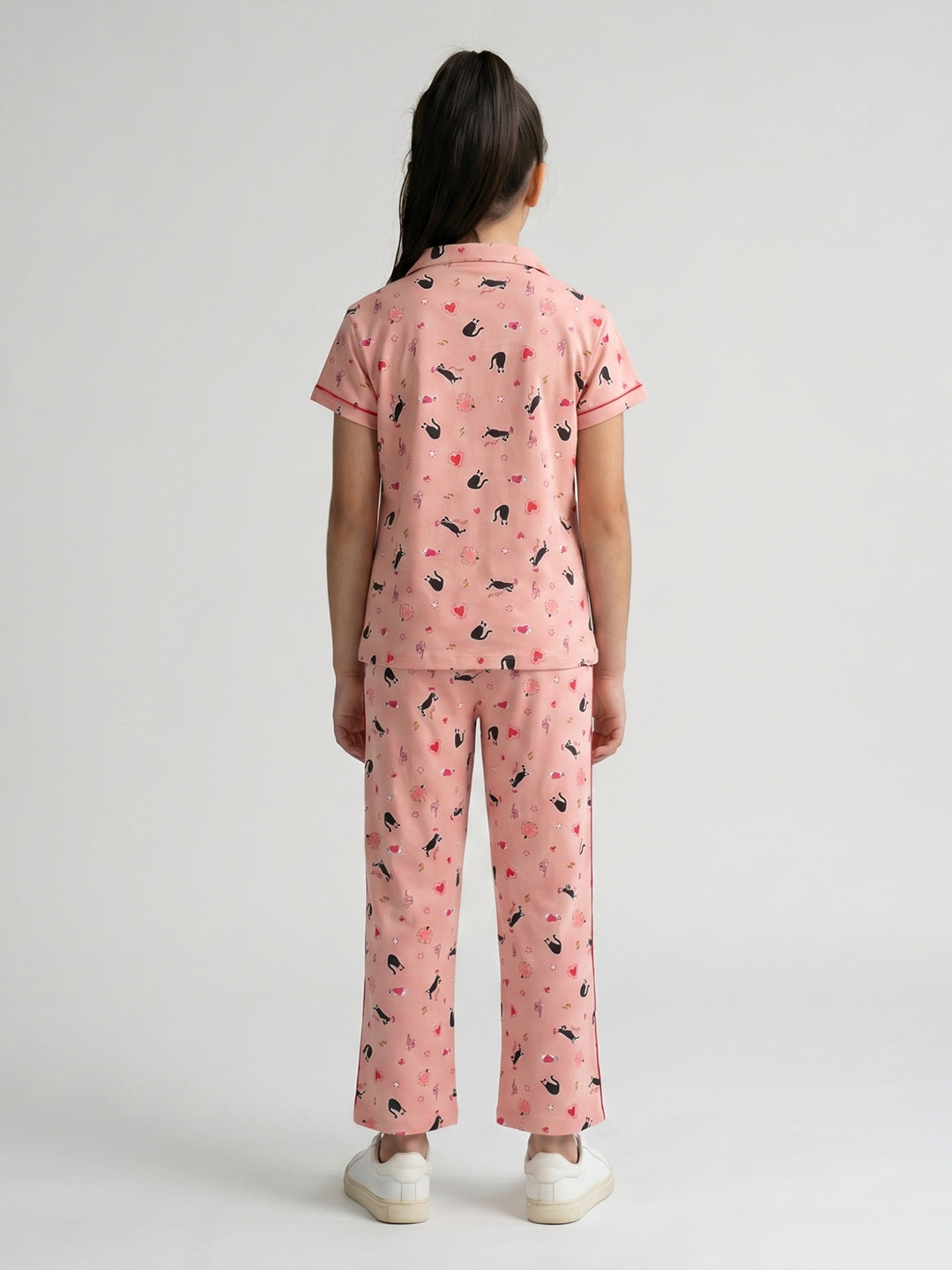 Girls Peach Printed Collar Half Sleeve Cords Set